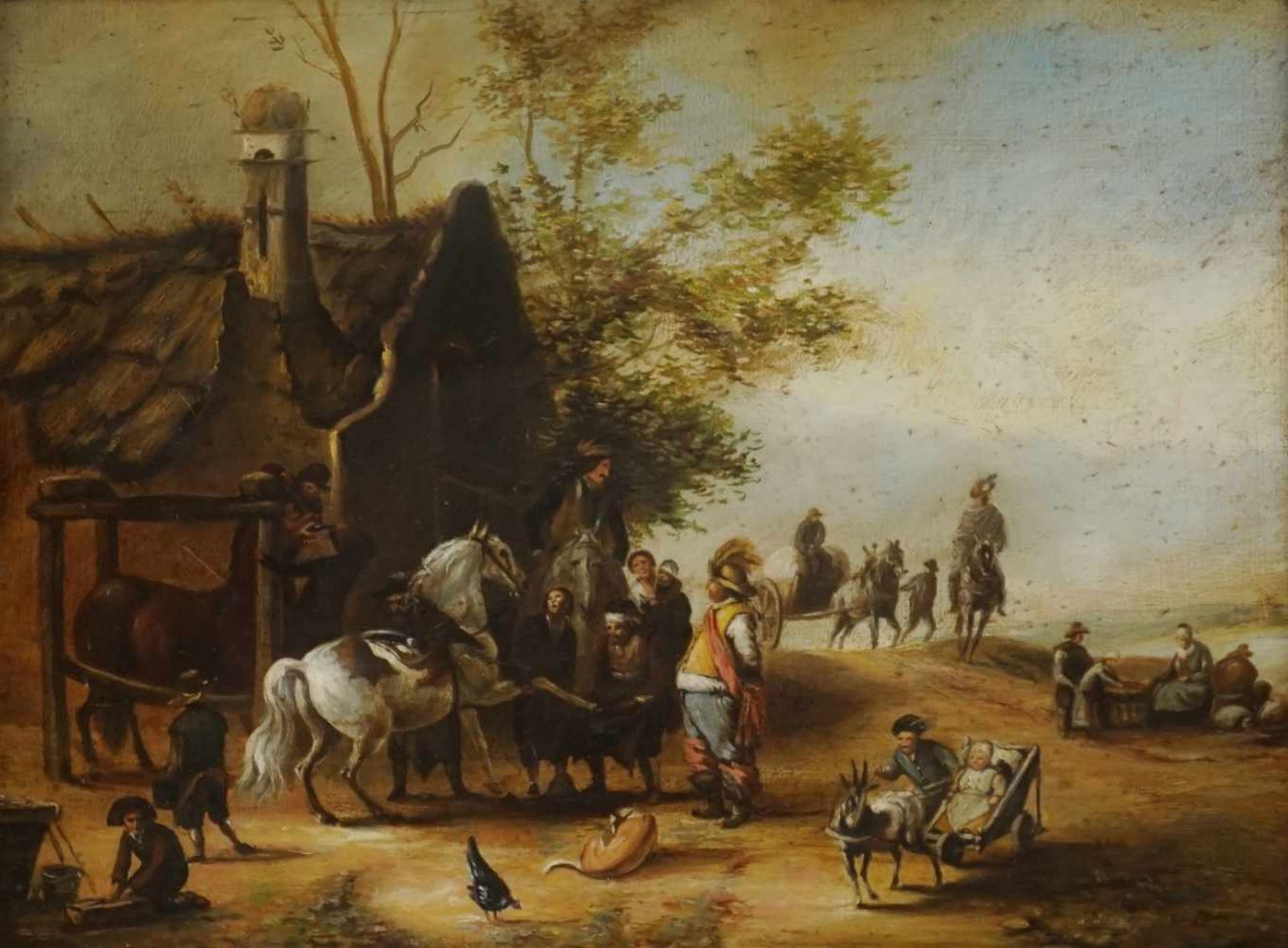 Unbekannter Maler, "Der Hufschmied"Öl/Blech, unsigniert, wohl 18./19. Jh., einem Pferd werden die