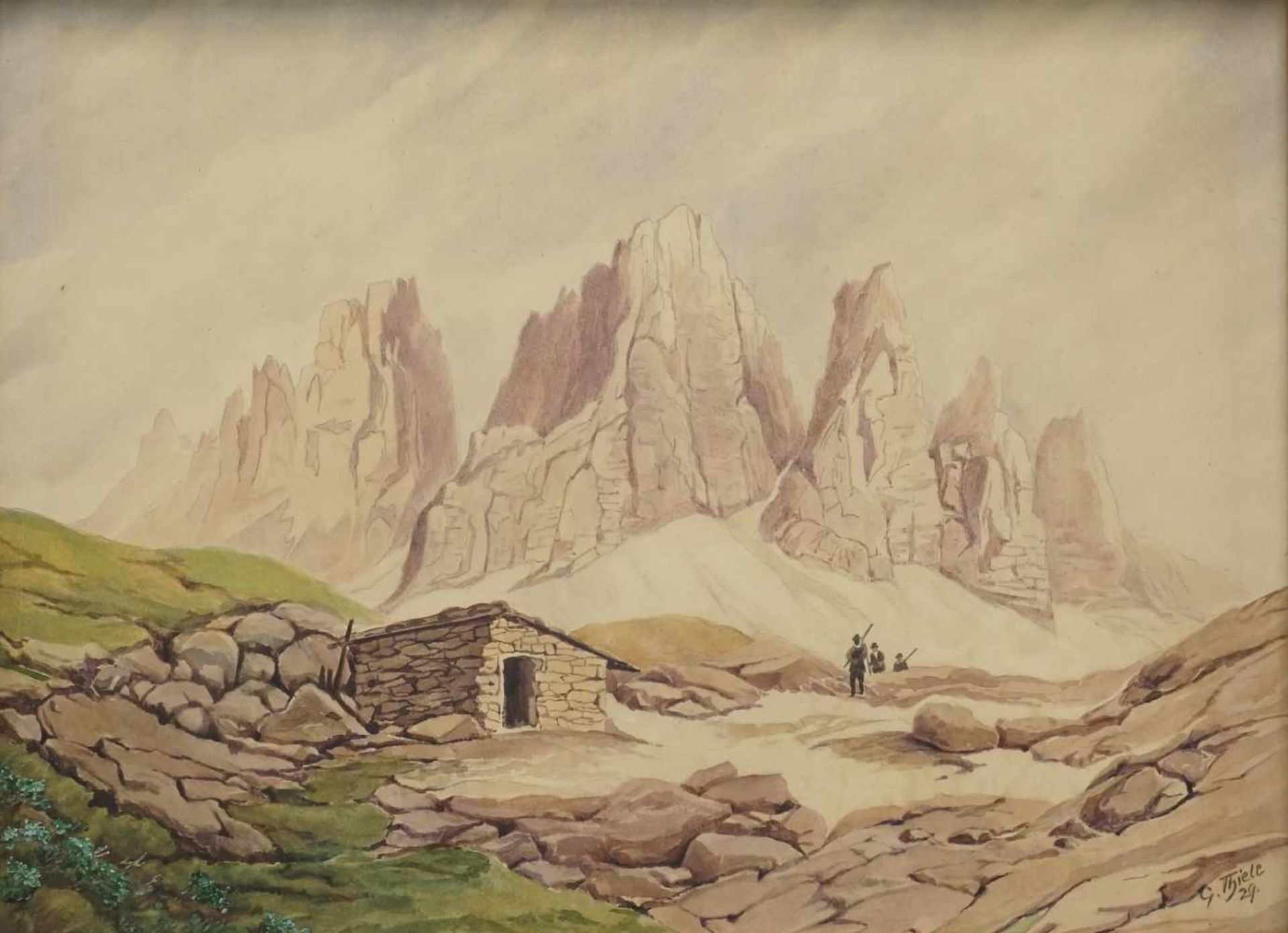 G. Thiele, "Gebirgslandschaft mit Jägern"Aquarell/Papier, unten rechts signiert, datiert (19)29,