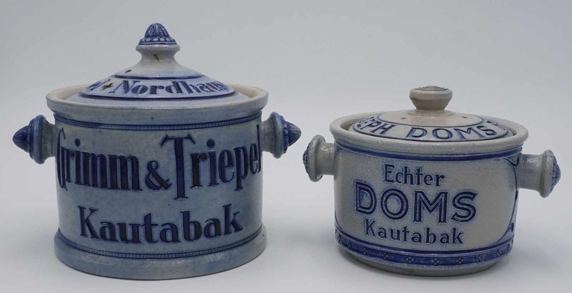 Zwei original Kautabaktöpfe, Grimm & Triepel / Joseph Domsglasiertes Steinzeug mit passendem Deckel, - Bild 2 aus 3
