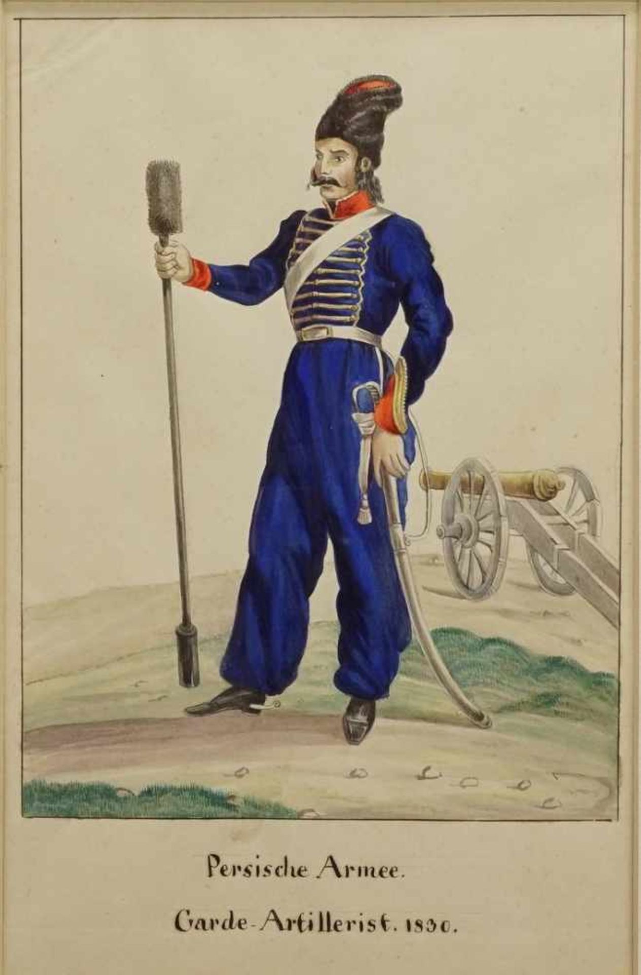 Unbekannter Künstler, "Persischer Artillerist vor der Kanone"Aquarell/Papier, 1830, im Blatt