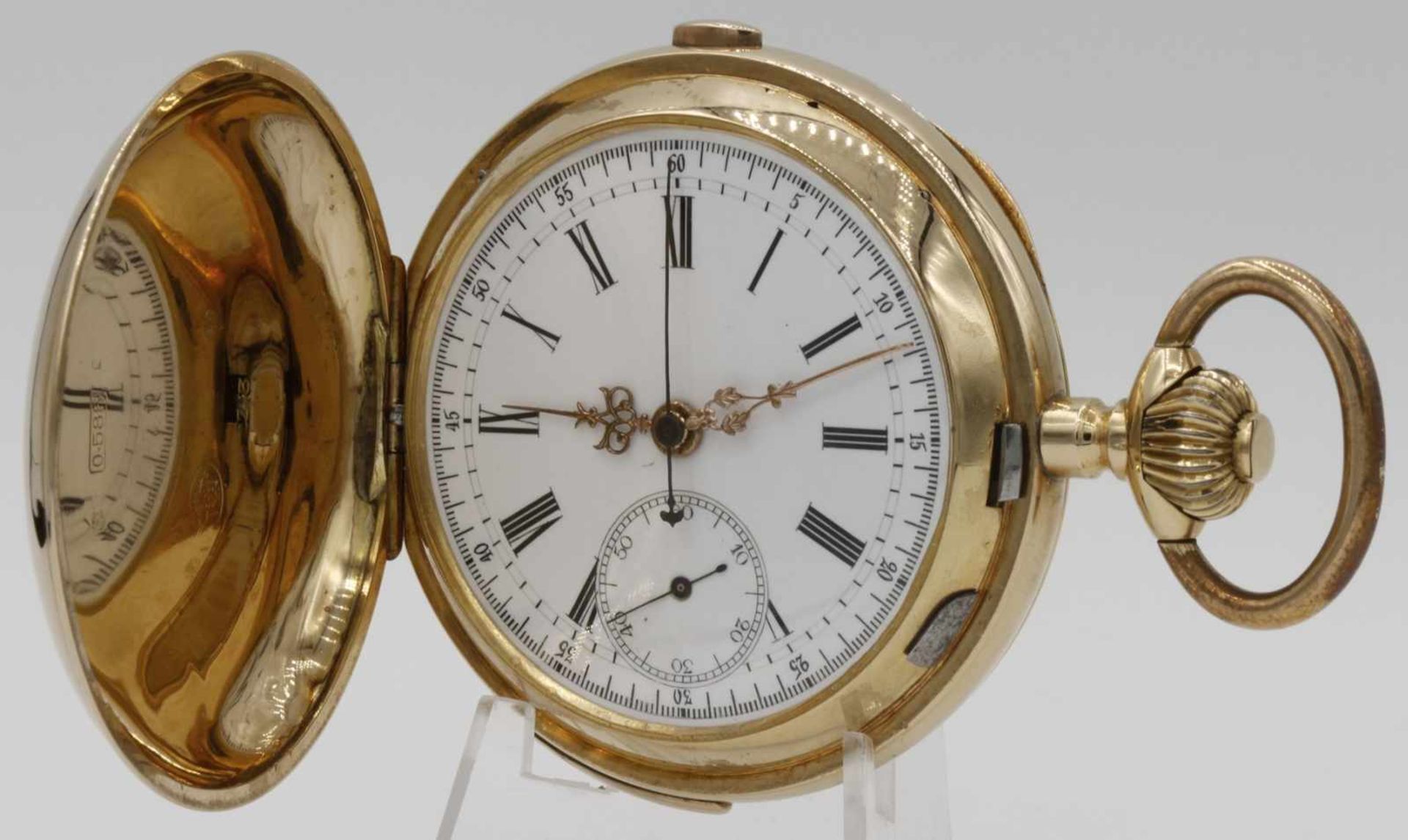 Schweizer Goldsavonnette mit Chronograph und 1/4-Stunden-Repetition585/- Gelbgold, 2. Hälfte 19.