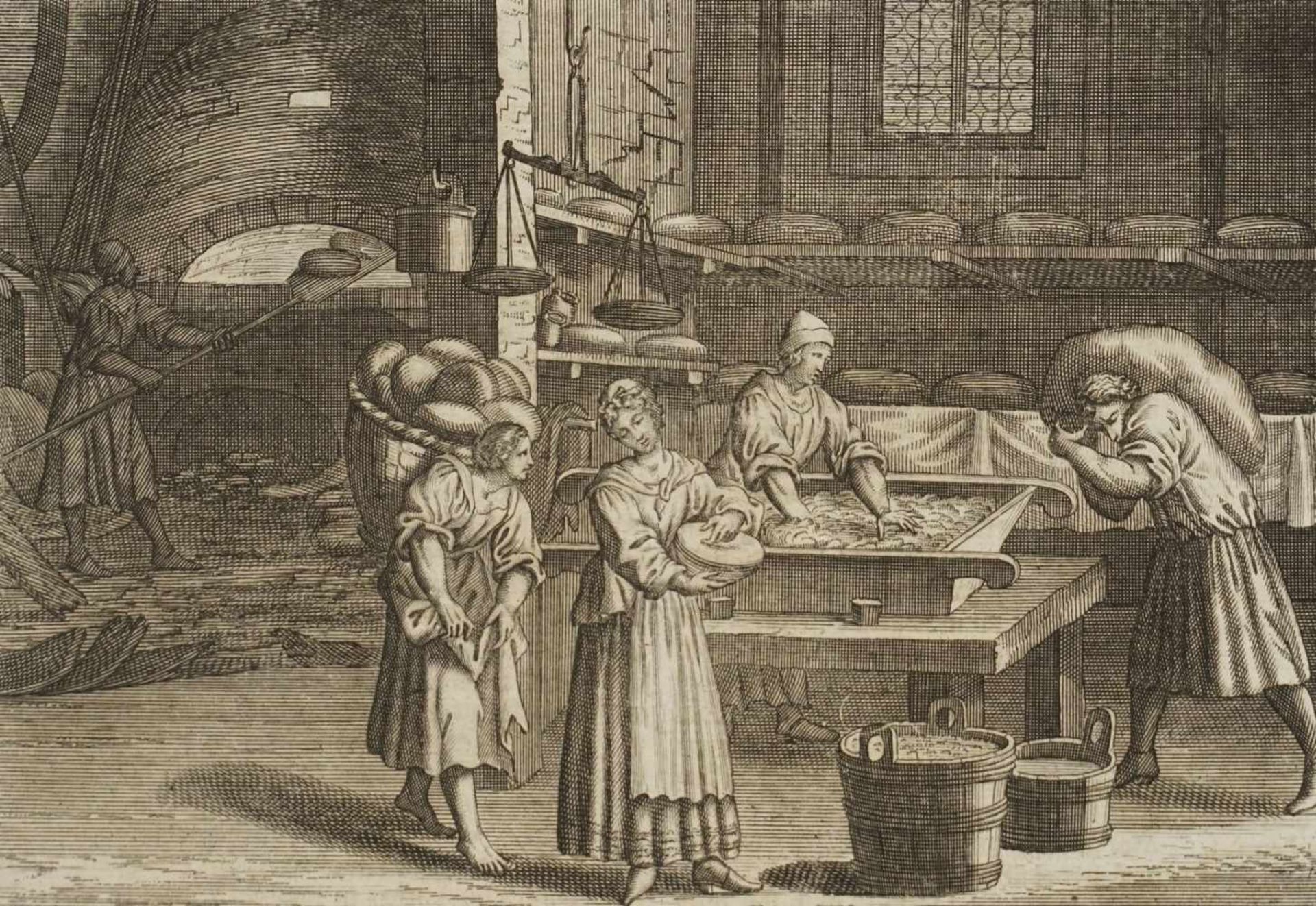 Unbekannter Künstler, "Bäckerei"Kupferstich/Papier, um 1700, Verso Textauszug, guter Zustand,
