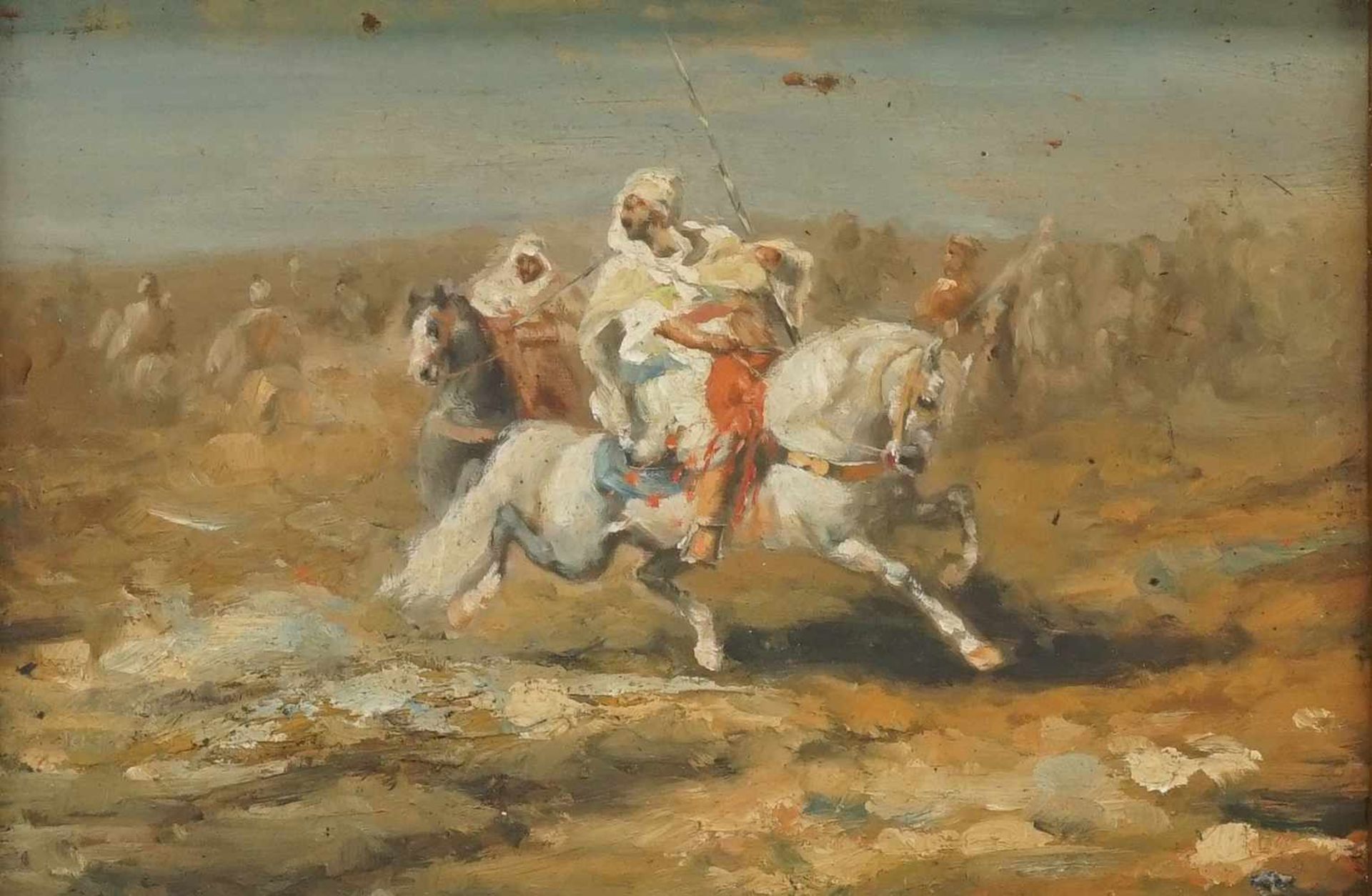 Unbekannter Maler, "Beduinen zu Pferd"Öl/Holzplatte, unsigniert, guter Zustand, goldfarbener - Bild 2 aus 3