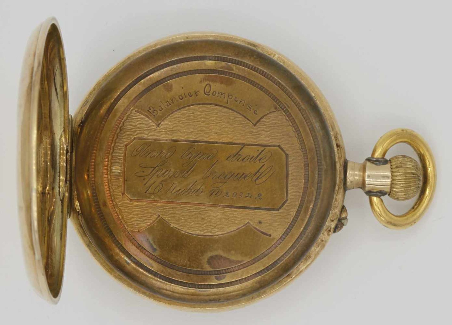 Goldene Taschenuhr, um 1900585/- Gelbgold, Aufzugswerk, 15 Juwelen, Brückenwerk mit Ankerhemmung, - Bild 4 aus 7