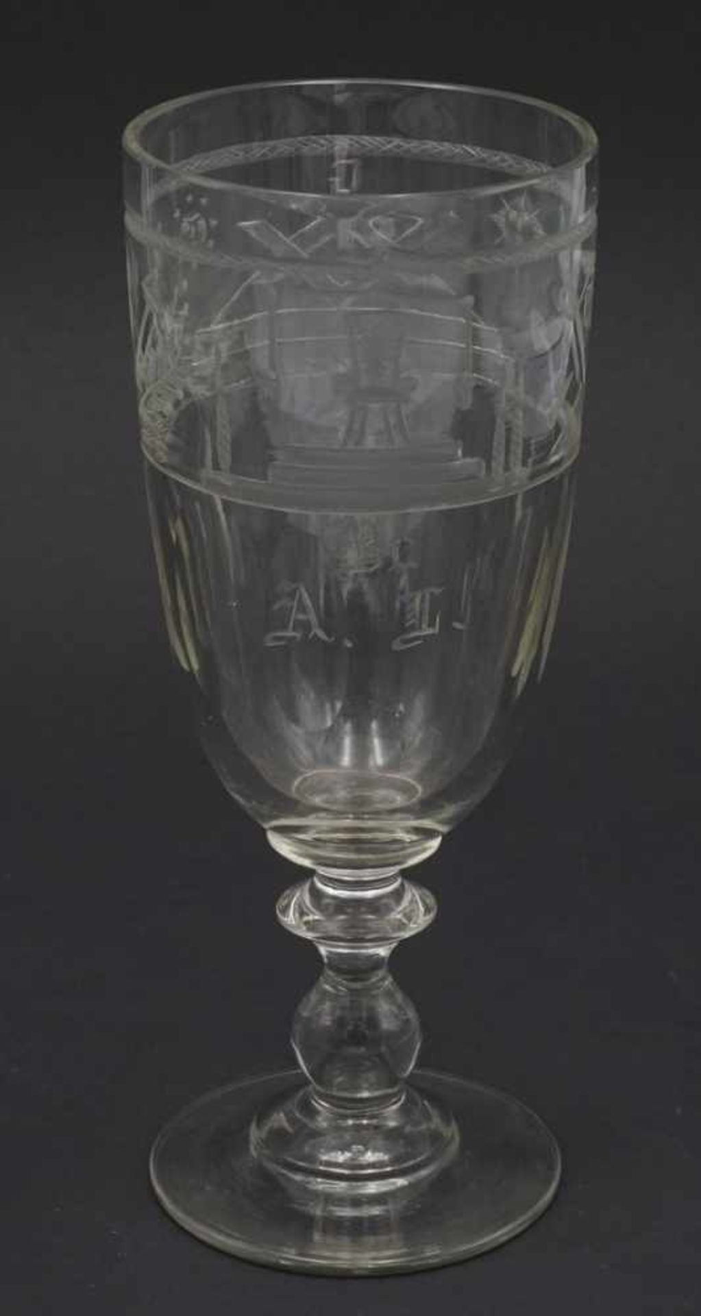 Logenglas der Freimaurer, um 1910Glas, Balusterschaft, Kuppa mit Facettenschliff und