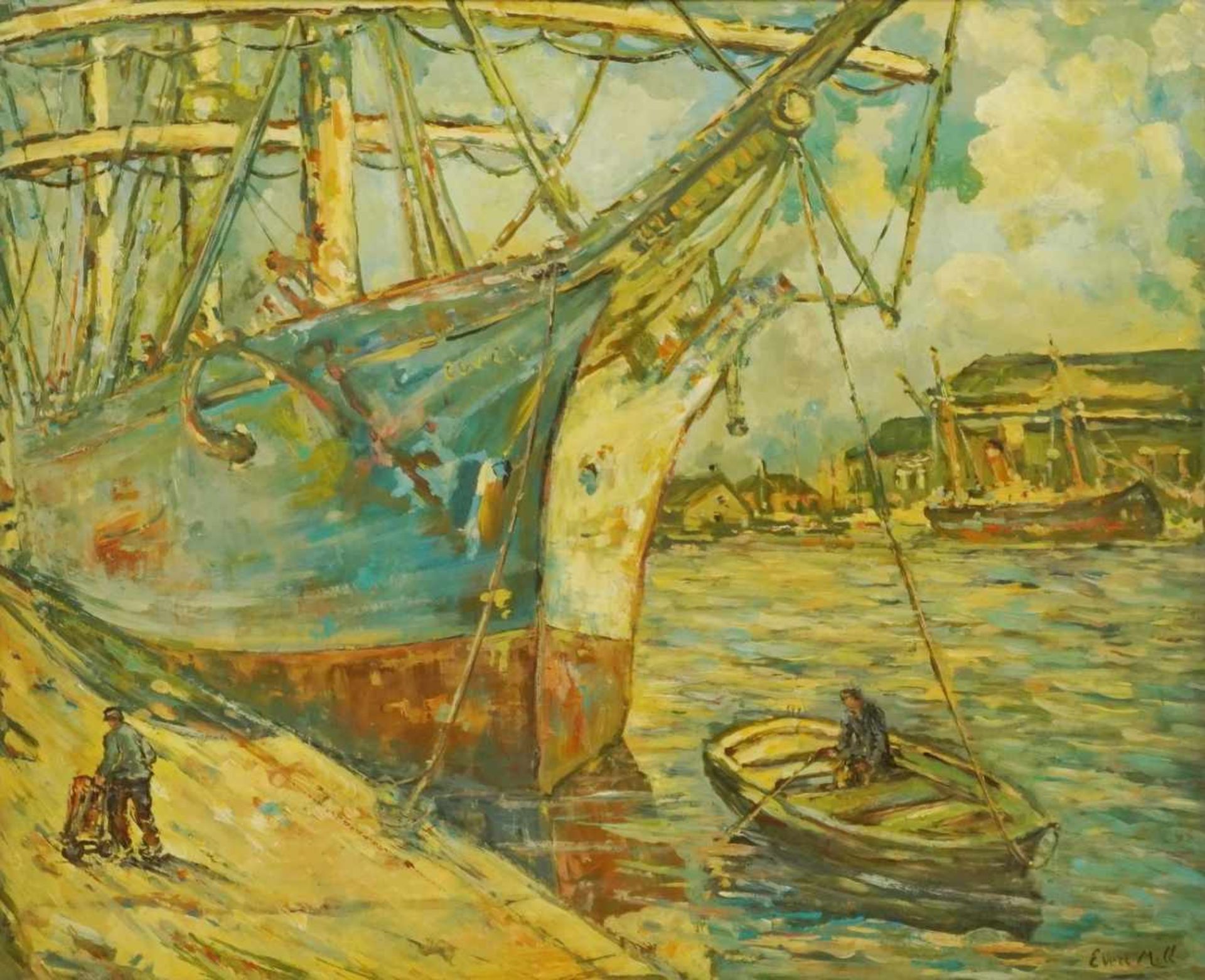 Evert Moll, "Hafenansicht mit Segelschiff"(1878 - 1955), Öl/Holzplatte, unten rechts signiert,