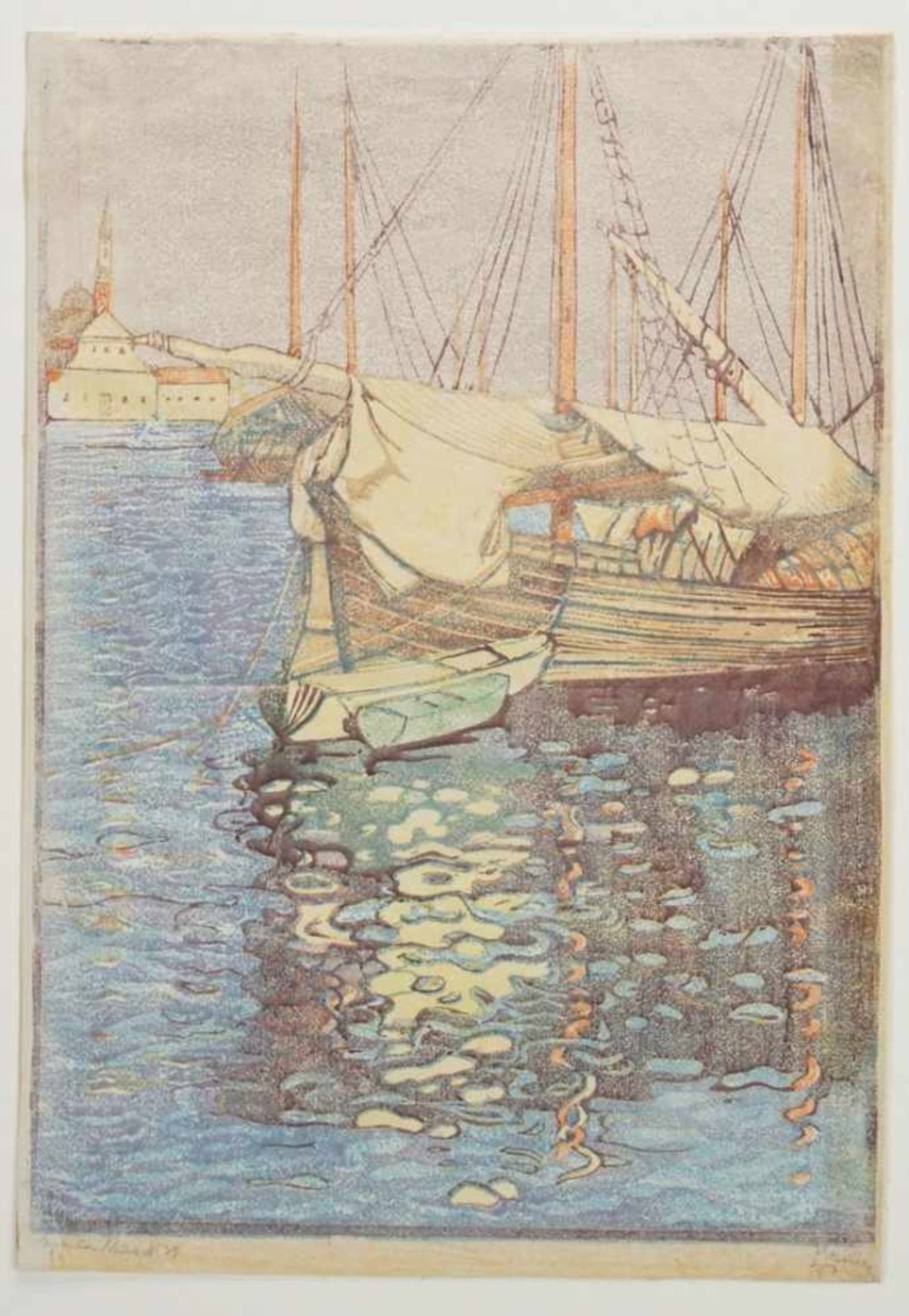 Unbekannter Künstler, "Segelschiffe"Farblinolschnitt/Papier, unten rechts undeutlich signiert, im - Bild 3 aus 4