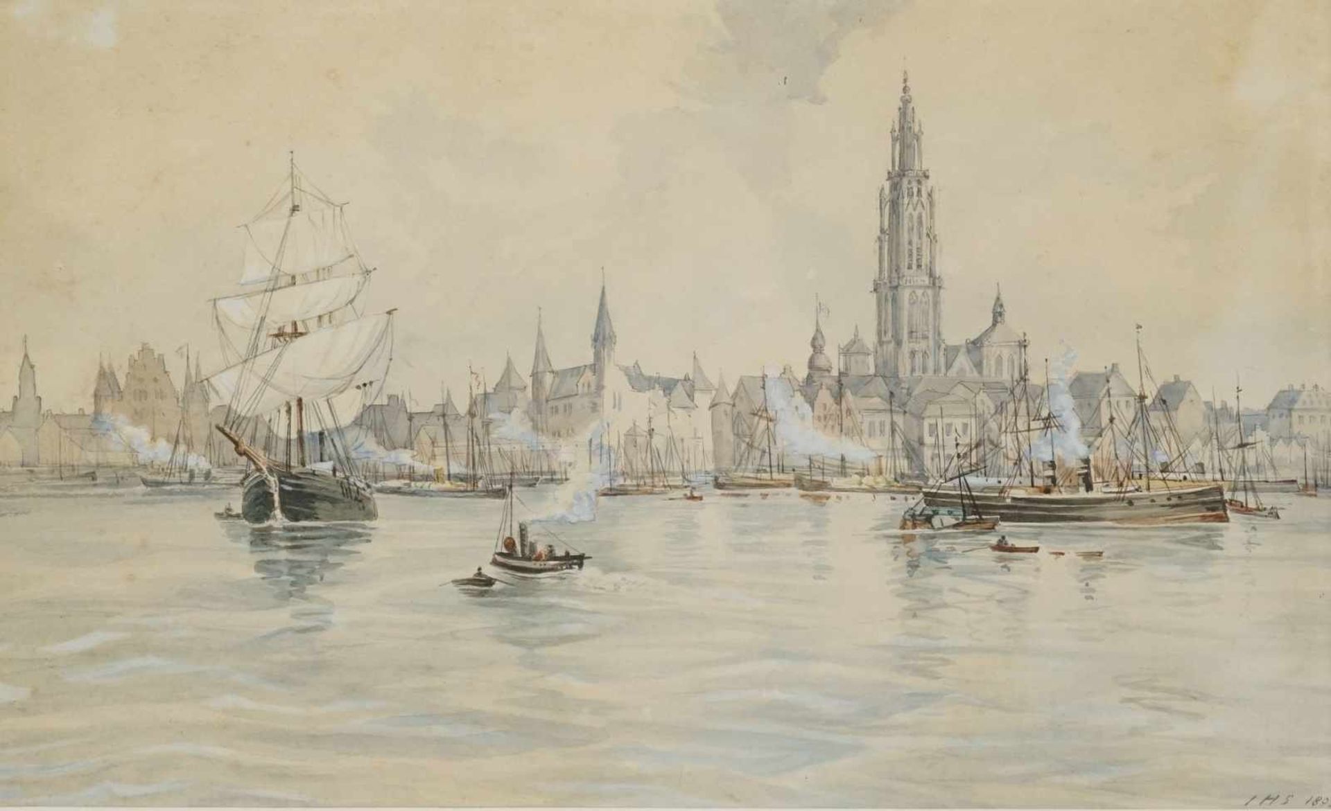 Wohl Heinrich Schmedding, "Hafen und Stadt Antwerpen"(1849 - 1921), Aquarell/Papier, unten rechts