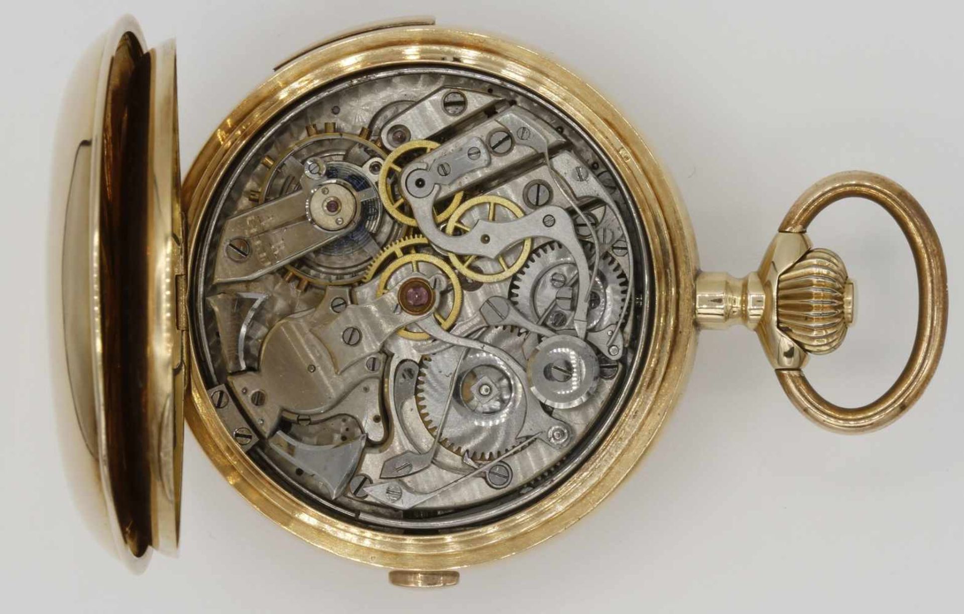 Schweizer Goldsavonnette mit Chronograph und 1/4-Stunden-Repetition585/- Gelbgold, 2. Hälfte 19. - Bild 6 aus 8