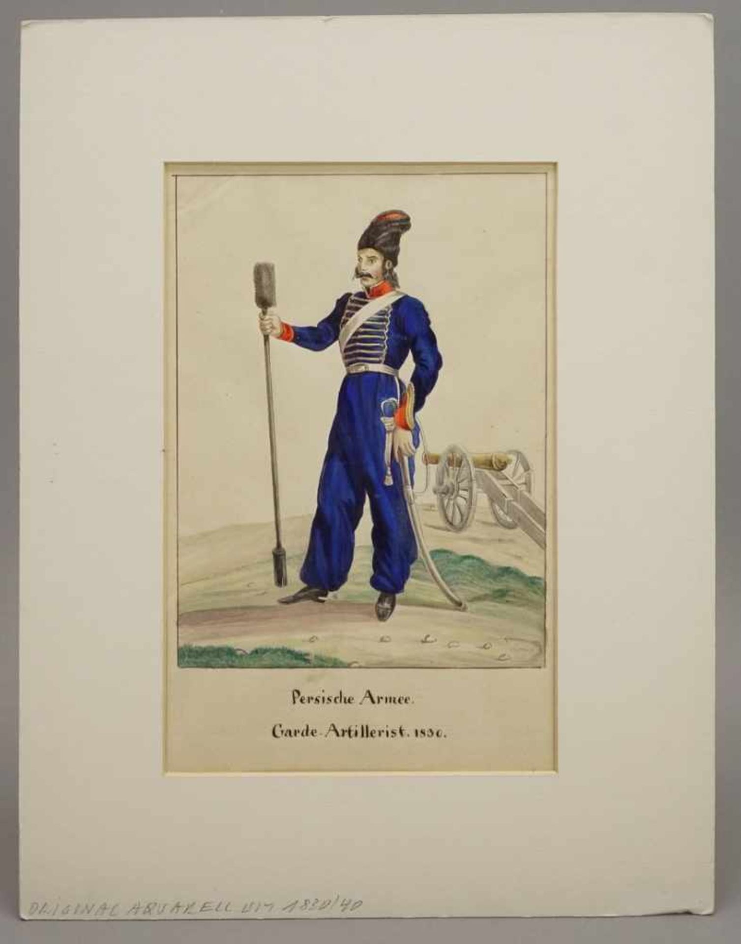 Unbekannter Künstler, "Persischer Artillerist vor der Kanone"Aquarell/Papier, 1830, im Blatt - Bild 2 aus 3
