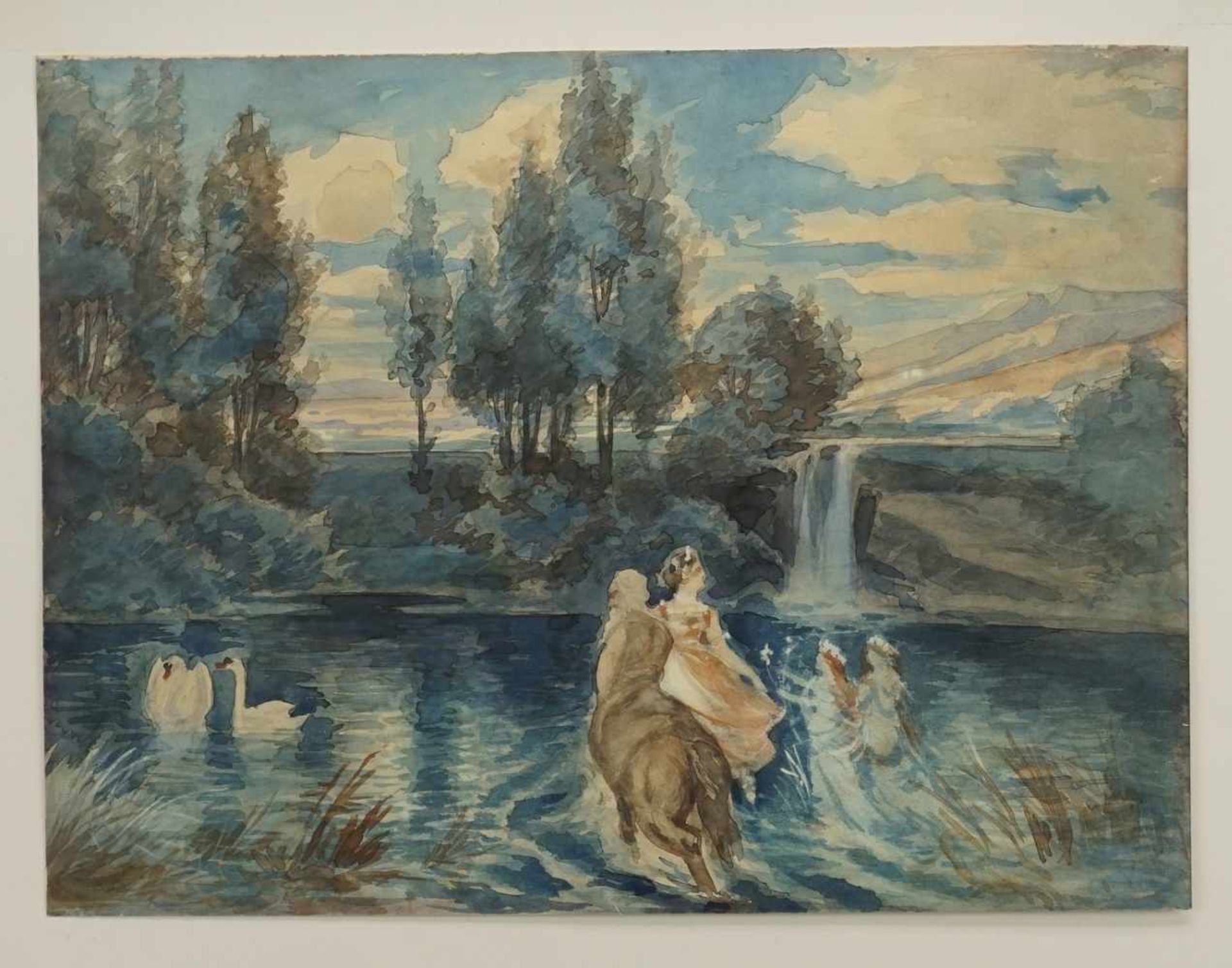 Unbekannter Maler, "Landschaft mit Wasserfall"Aquarell/Papier, mit Phantasiegestalten, altersgemäß - Bild 3 aus 3