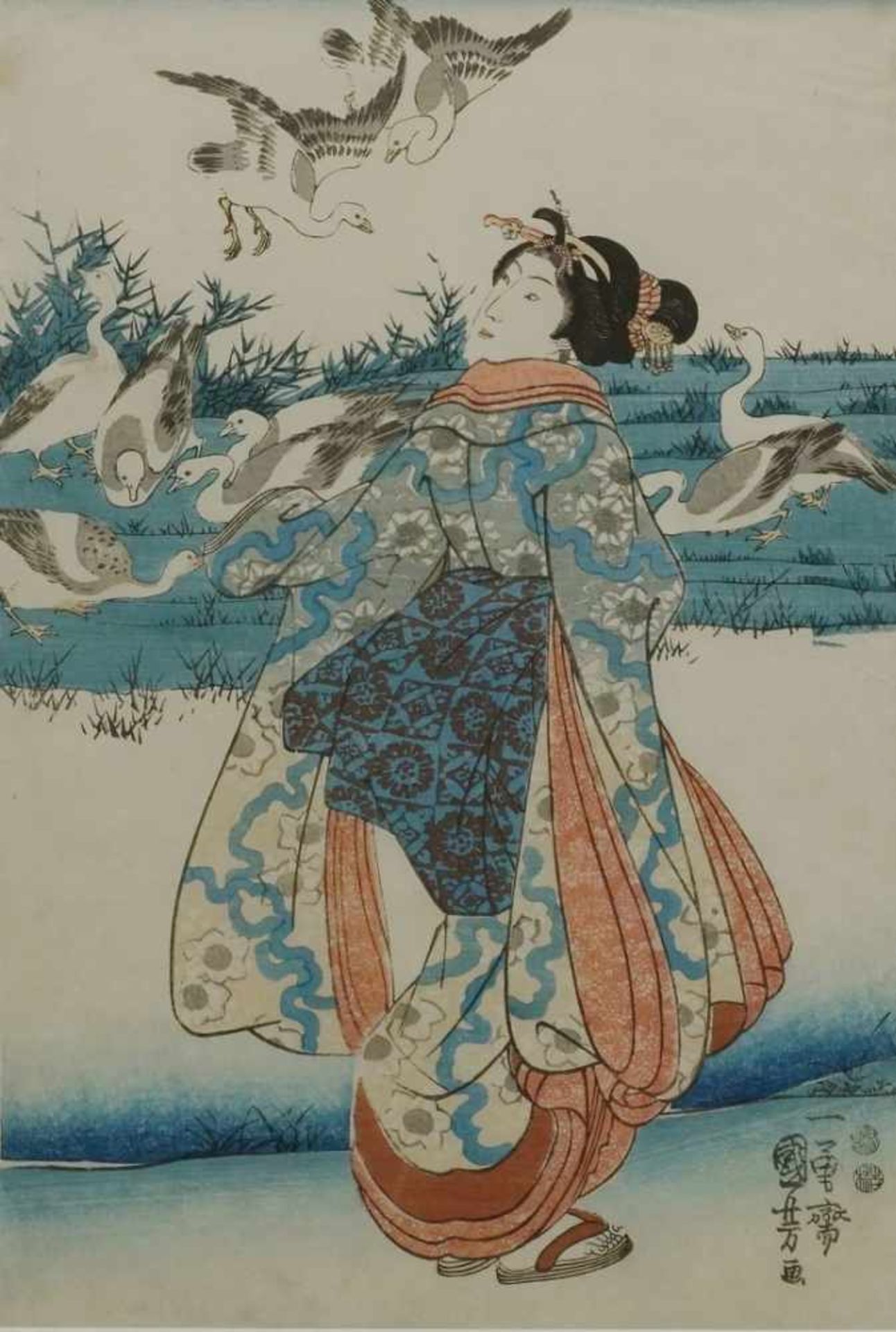 Utagawa Kuniyoshi, "Bijin - eine Schar Gänse"(1797 - 1861), Holzschnitt/Papier, unten rechts