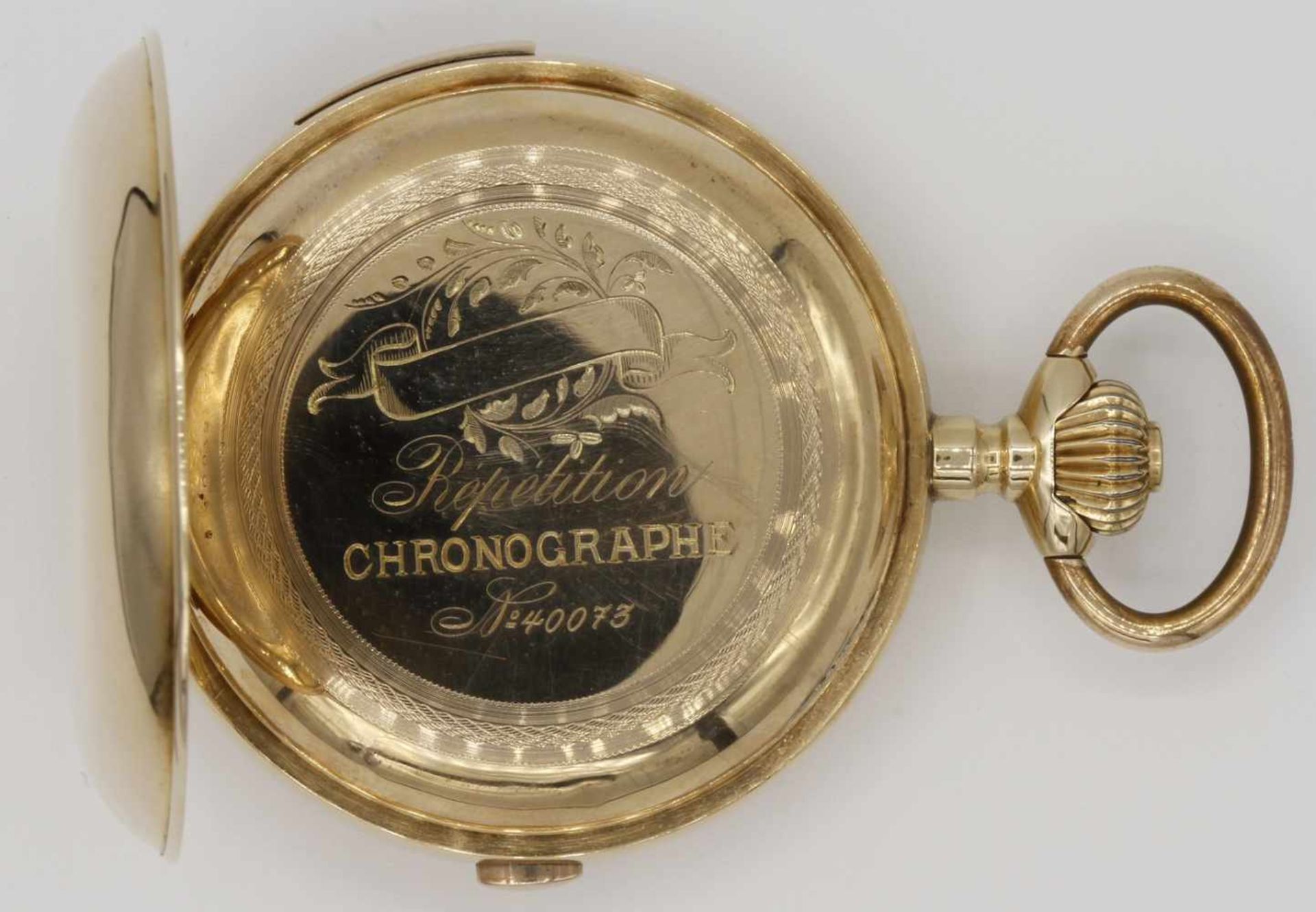 Schweizer Goldsavonnette mit Chronograph und 1/4-Stunden-Repetition585/- Gelbgold, 2. Hälfte 19. - Bild 4 aus 8