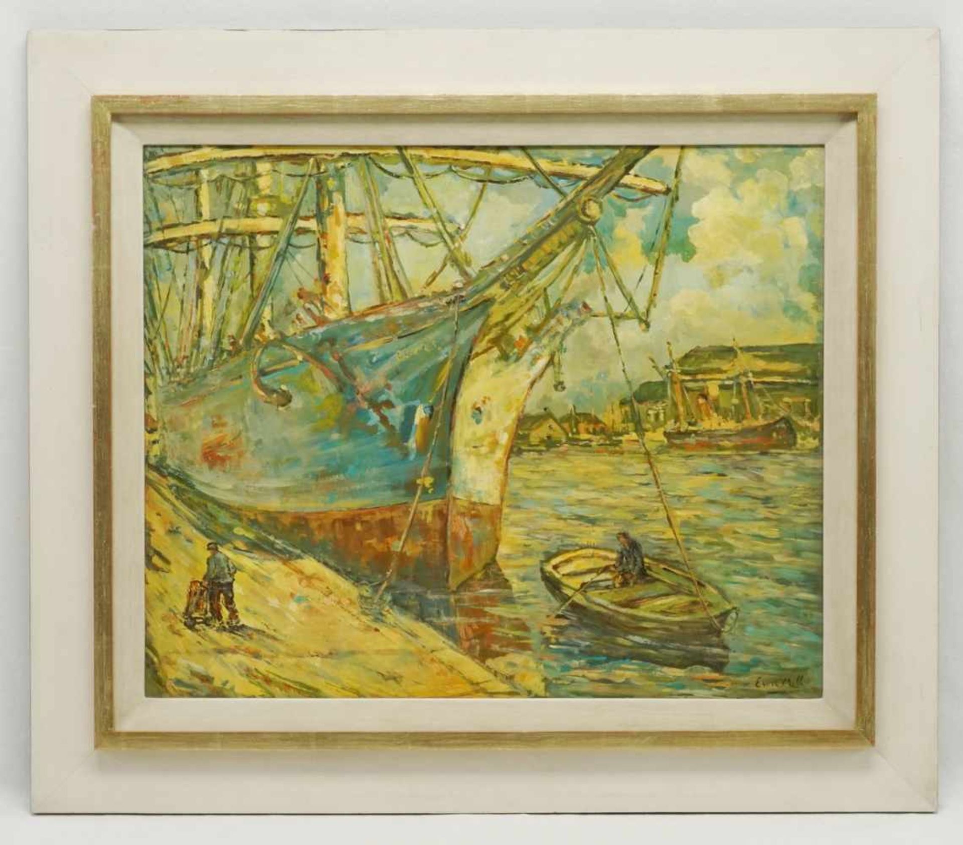 Evert Moll, "Hafenansicht mit Segelschiff"(1878 - 1955), Öl/Holzplatte, unten rechts signiert, - Bild 2 aus 4