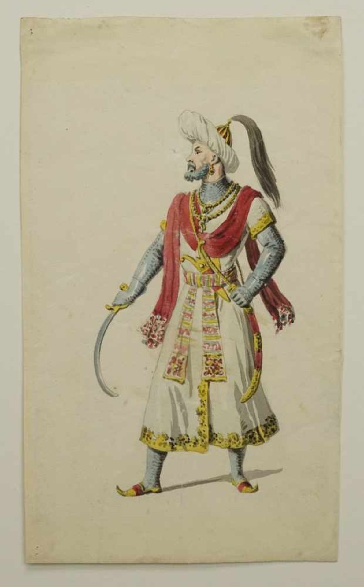 Unbekannter Künstler, "Osmanischer Krieger"Aquarell/Papier, um 1840, mit prachtvollem Gewand und - Bild 3 aus 3