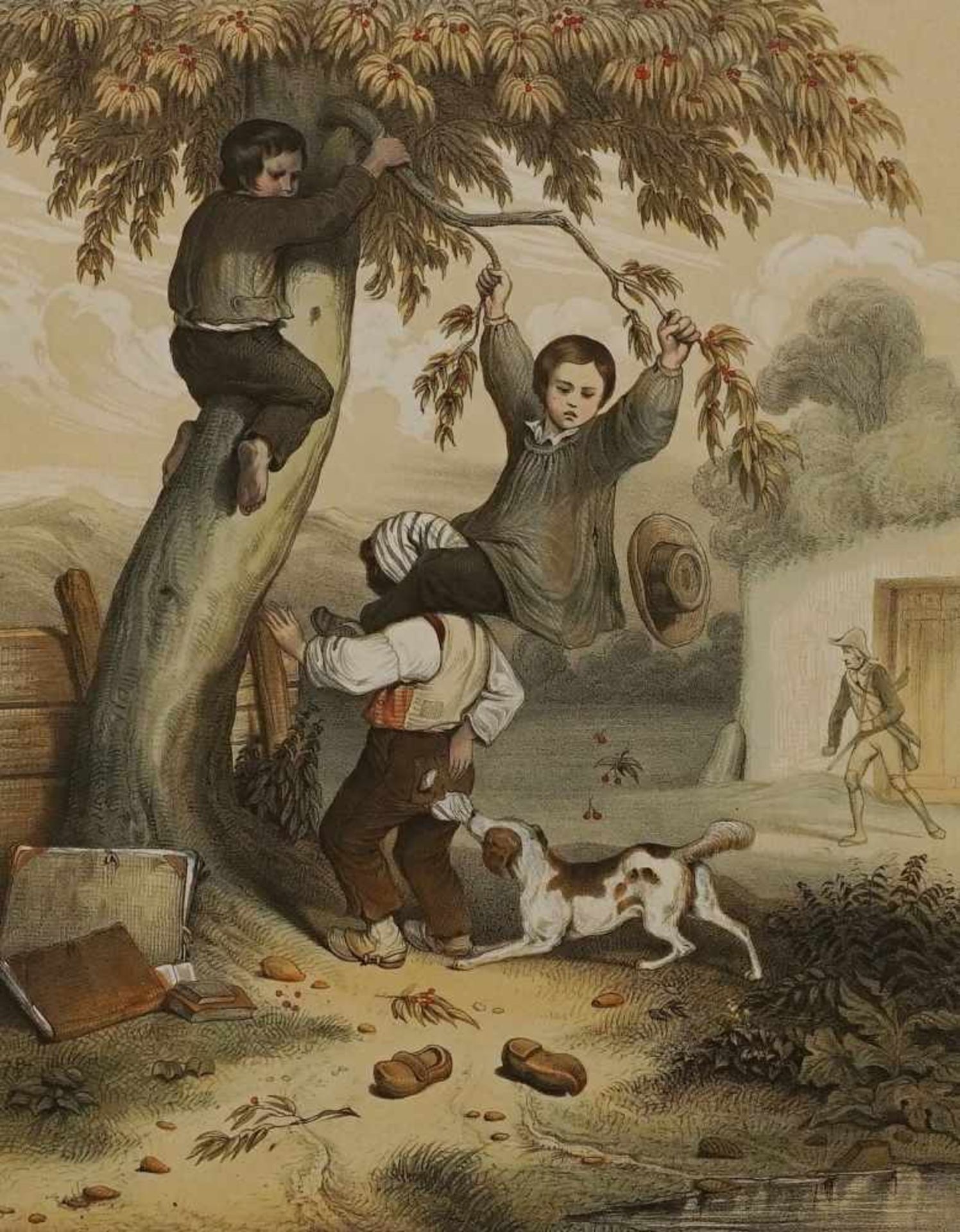 Unbekannter Künstler, "Stehlende Buben"altkolorierte Lithografie/Papier, um 1845, im Blatt