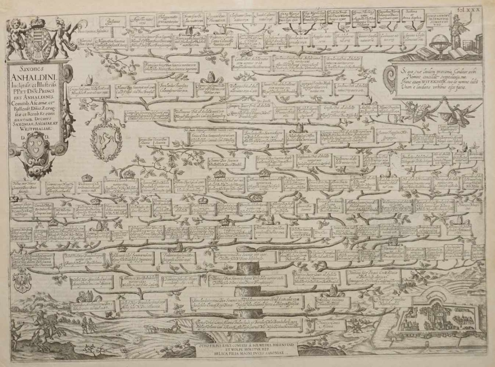 Antonius Albizzi, "Stammbaum der Anhaltiner"Folio-Kupferstich/Büttenpapier, Verso Textauszug, aus "