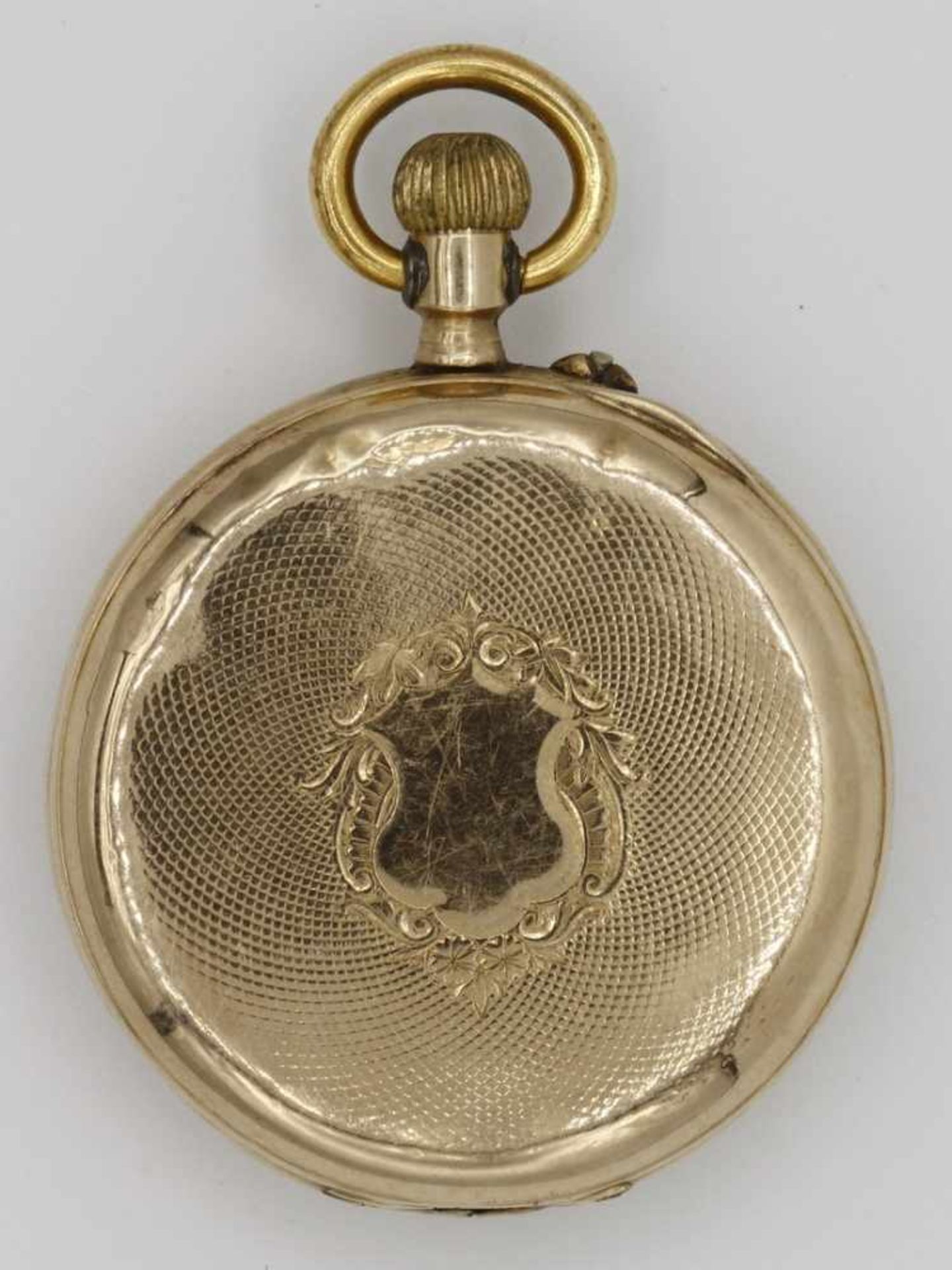 Goldene Taschenuhr, um 1900585/- Gelbgold, Aufzugswerk, 15 Juwelen, Brückenwerk mit Ankerhemmung, - Bild 2 aus 7