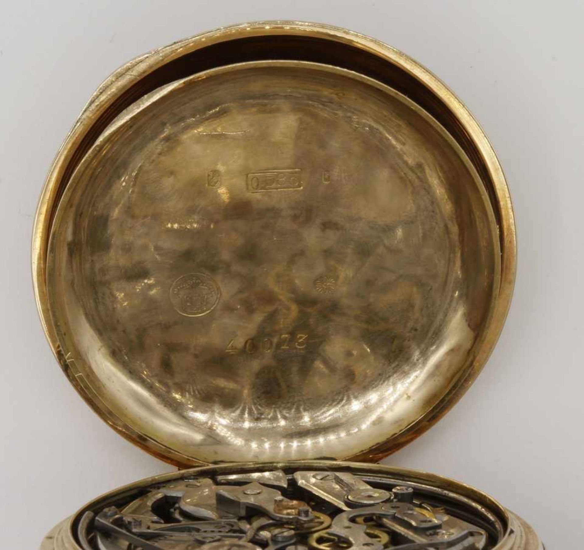 Schweizer Goldsavonnette mit Chronograph und 1/4-Stunden-Repetition585/- Gelbgold, 2. Hälfte 19. - Bild 5 aus 8