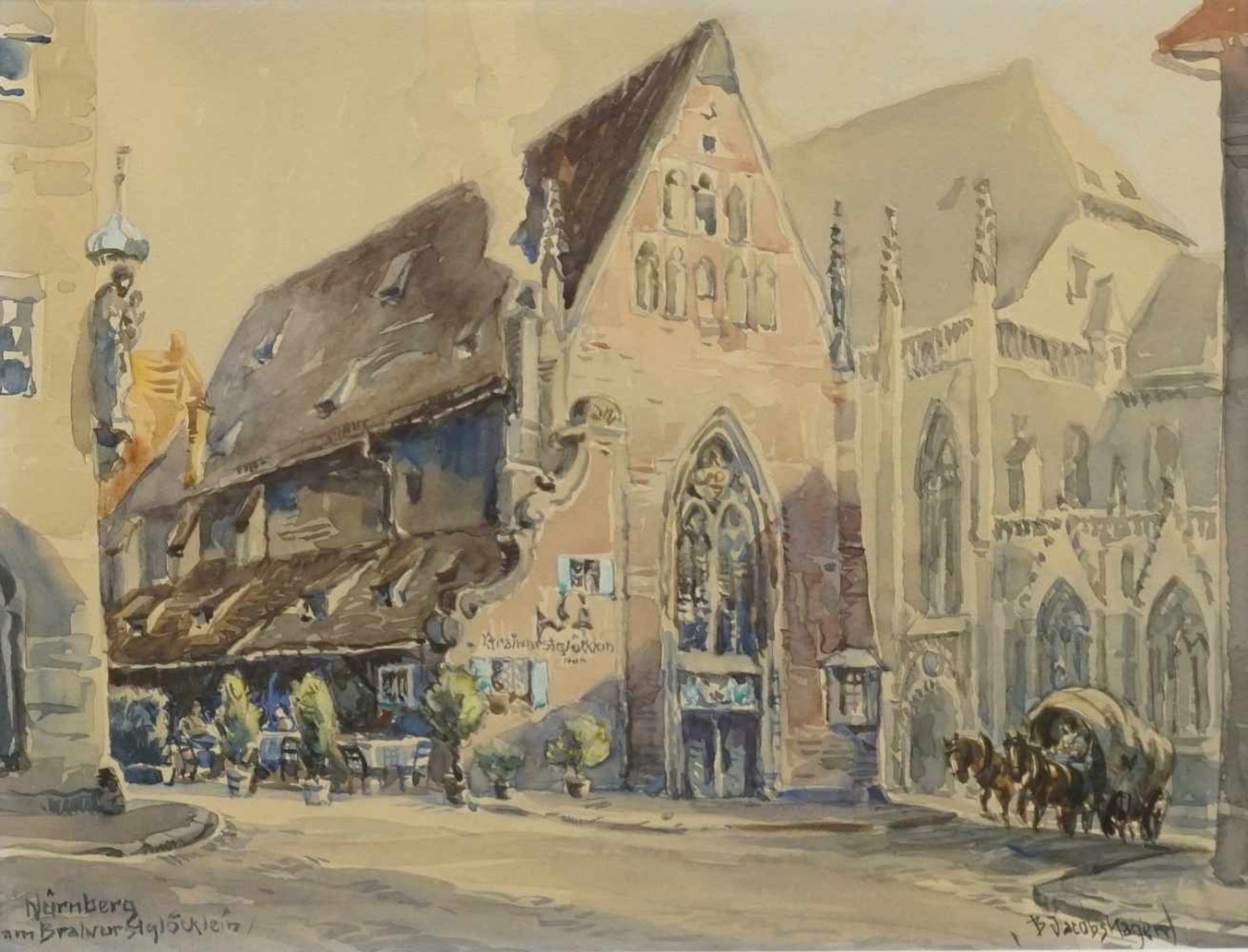 Betty Jacobshagen-Binder, "Das Bratwurstglöckle in Nürnberg"Aquarell/Papier, unten rechts