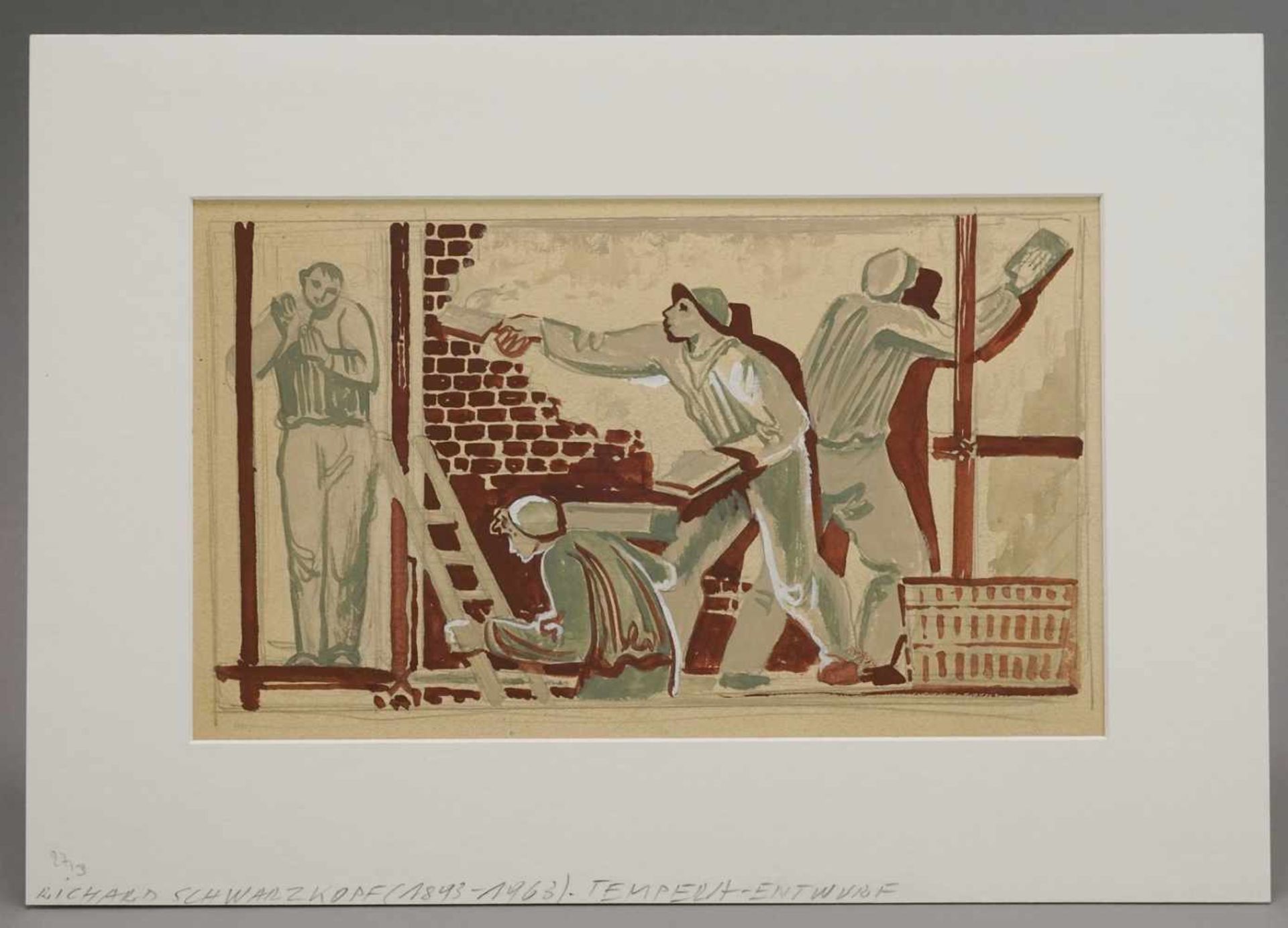 Richard Schwarzkopf, "Maurer und Putzer"(1893 Bonn - 1963 Düsseldorf), Temperamalerei/Papier, - Bild 2 aus 4