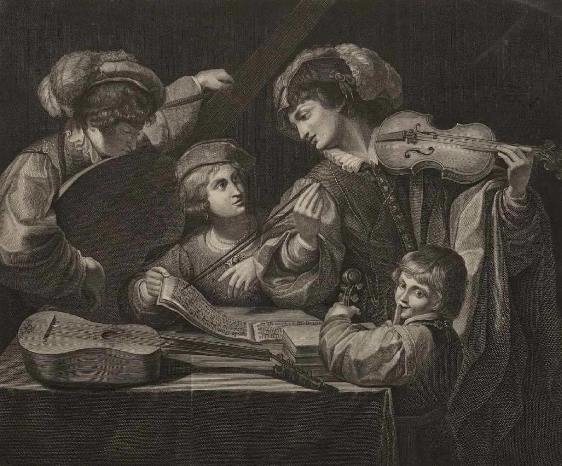 Unbekannter Künstler, "Das Konzert"Kupferstich/Papier, um 1820, altersgemäß guter Zustand,