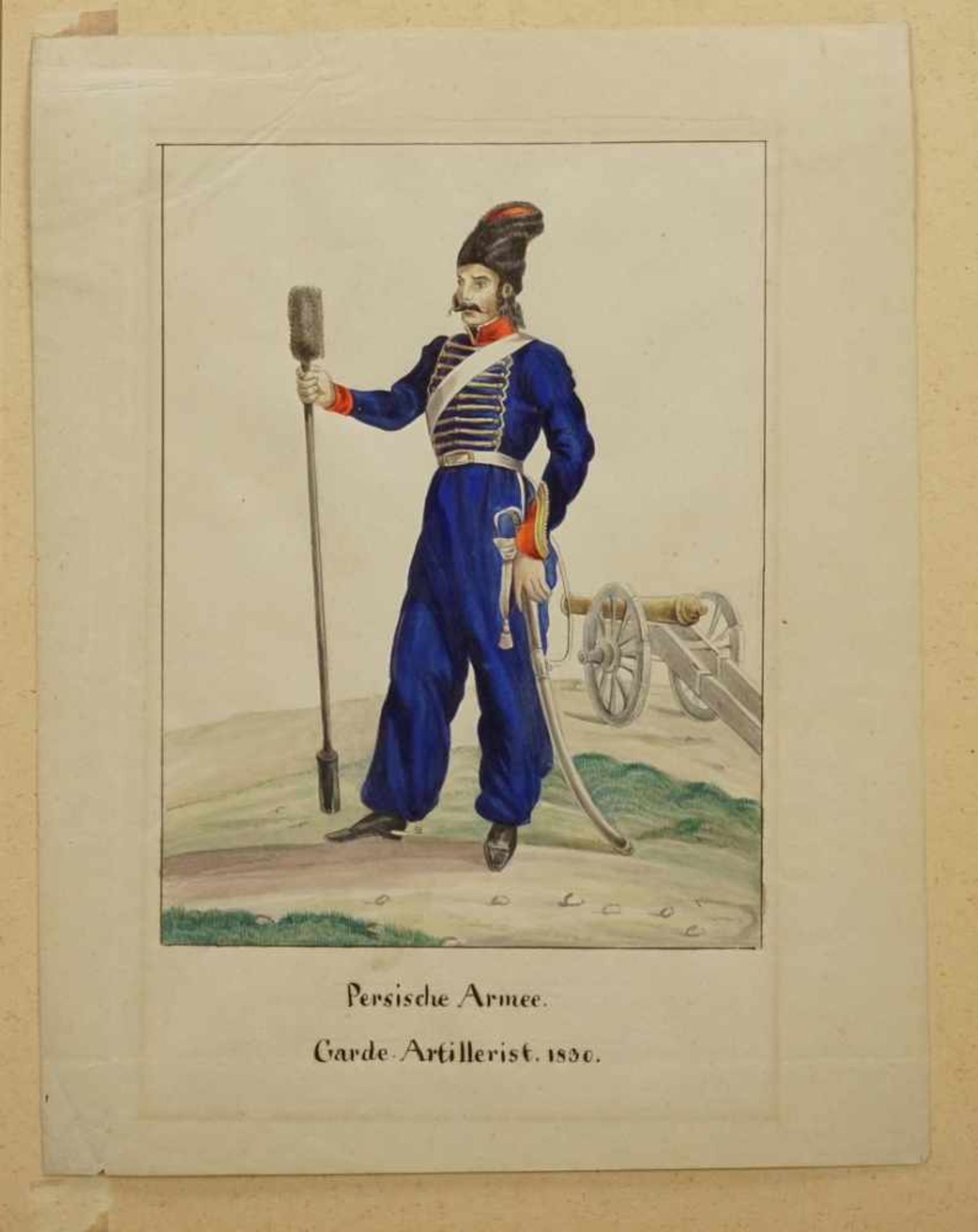 Unbekannter Künstler, "Persischer Artillerist vor der Kanone"Aquarell/Papier, 1830, im Blatt - Bild 3 aus 3