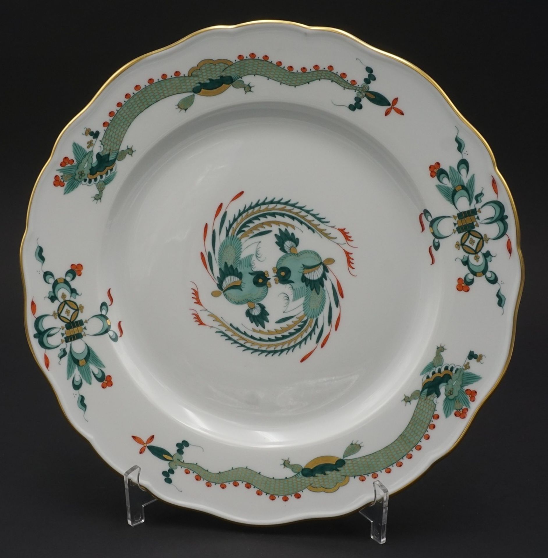 Meissen Teller mit buntem Drachen1. Wahl, Reicher Drache, bunt, goldschattiert und Goldrand, im