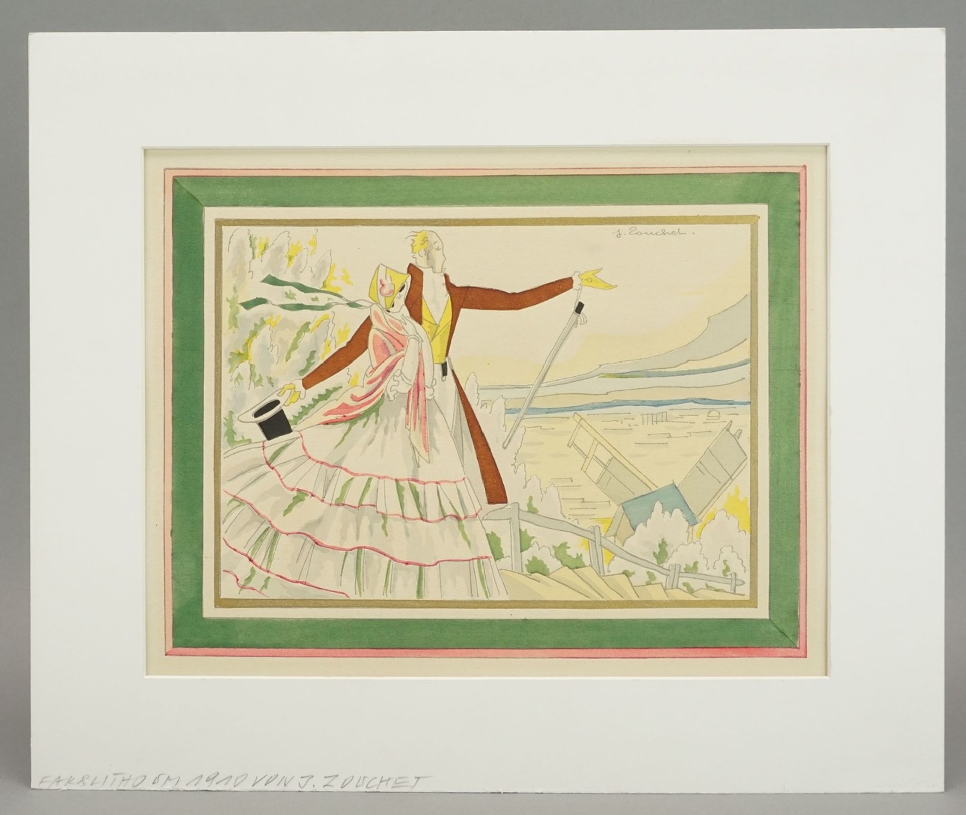 J. Zochet, Art-Deco Paar in LandschaftFarblithografie/Papier, oben rechts im Stein signiert, um - Image 2 of 4