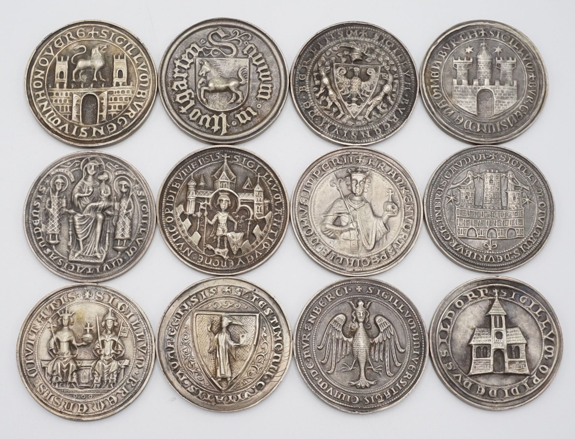 12 Silbermedaillen, Sterlingsilber, antike Deutsche Städtewappen925-/ Silber, Degussa, Hannover,