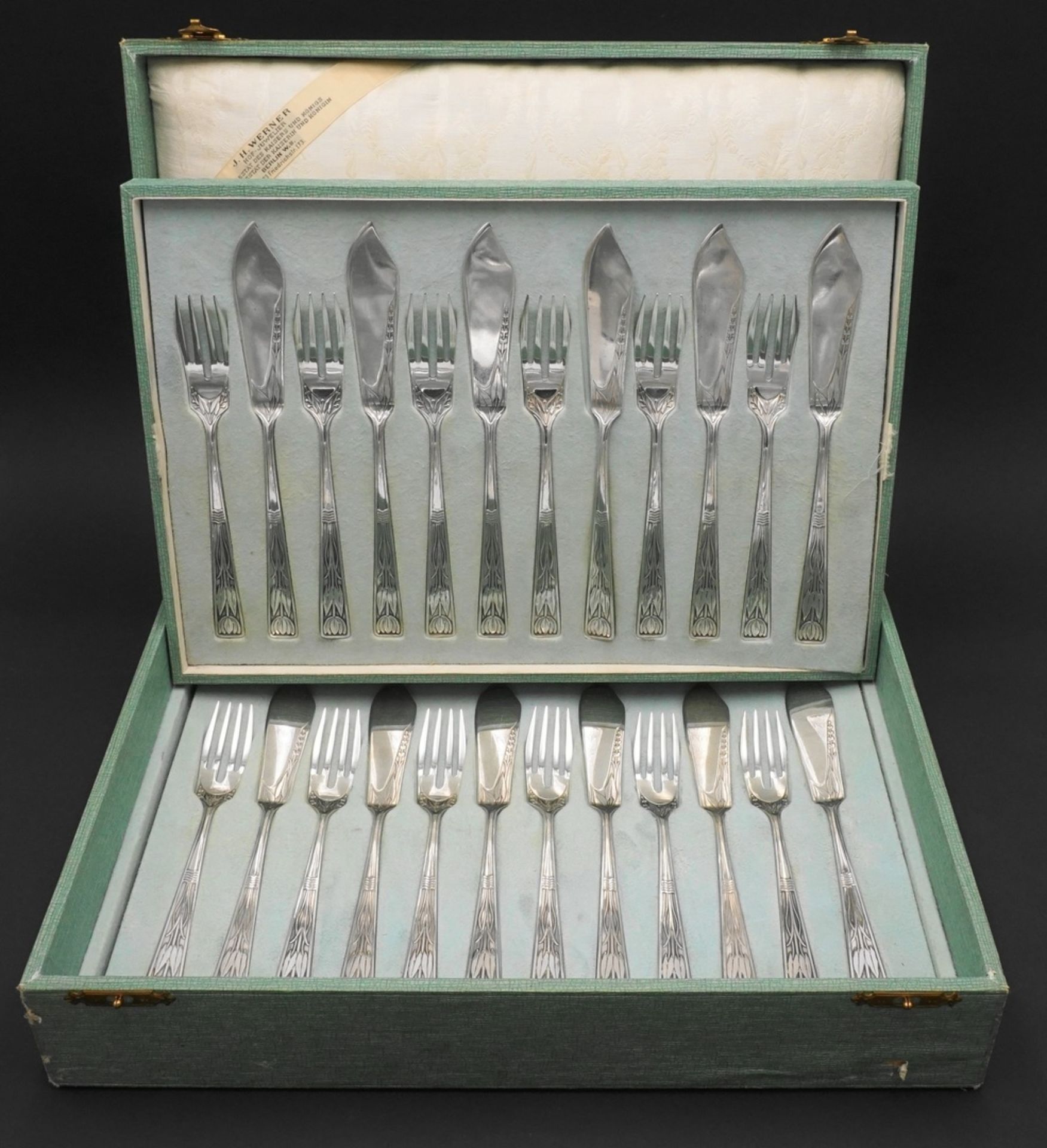 Wilkens & Söhne Fischbesteck für 12 Personen, Jugendstil800/- Silber, Halbmond und Krone, "800",