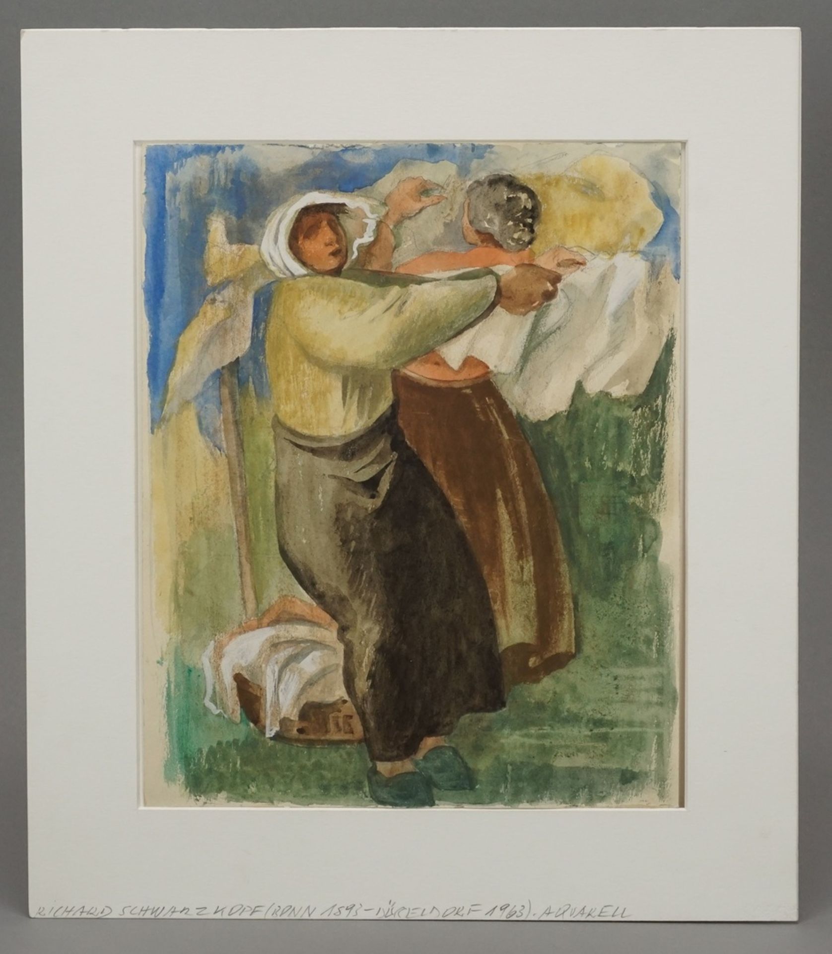 Richard Schwarzkopf, "Frauen beim Wäsche aufhängen"(1893 Bonn - 1963 Düsseldorf), Aquarell/Arches, - Image 2 of 4