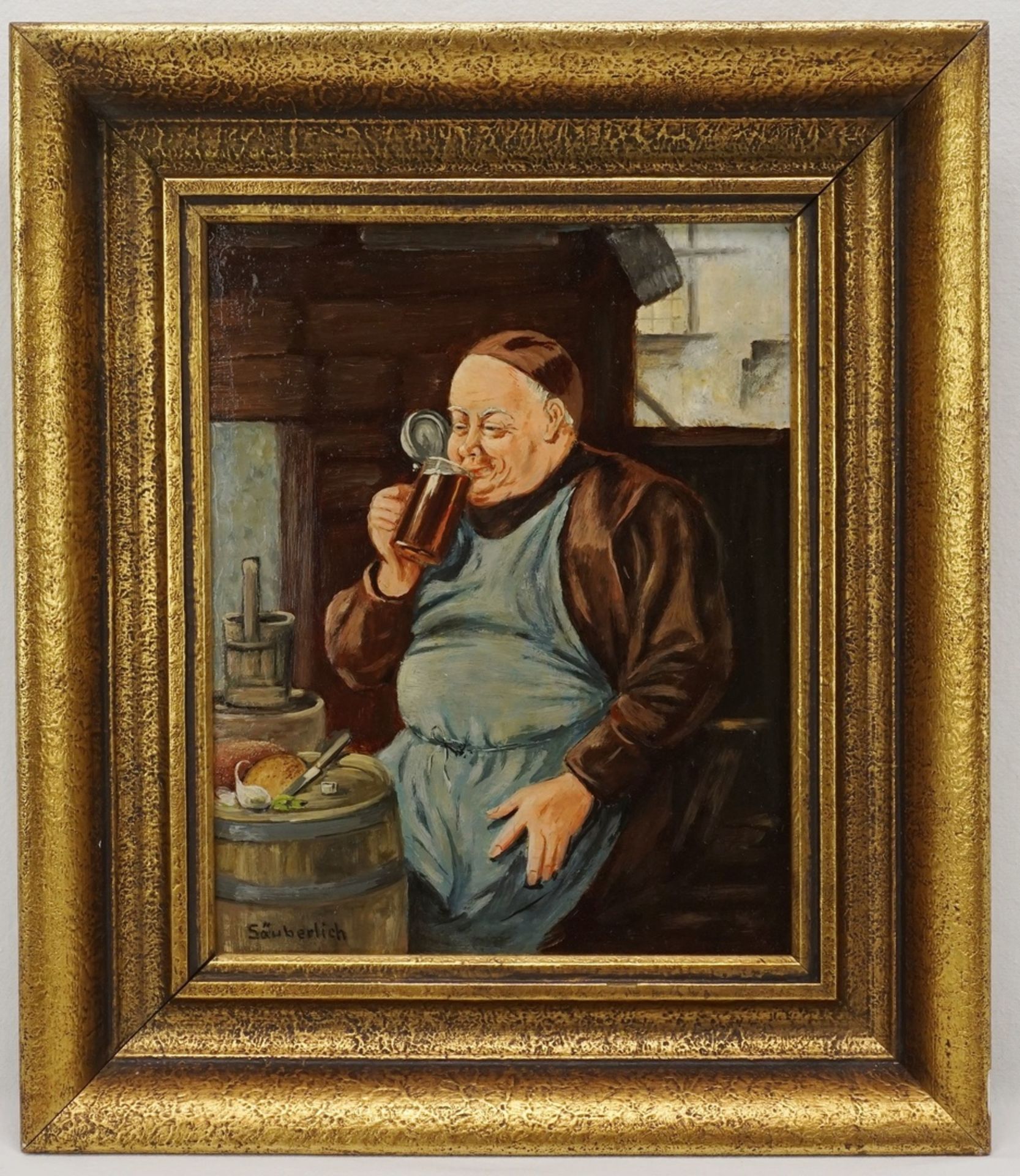 Säuberlich, "Mönch im Bierkeller"Öl/Hartfaser, unten links signiert, guter Zustand, 30 x 24 cm ( - Image 2 of 4