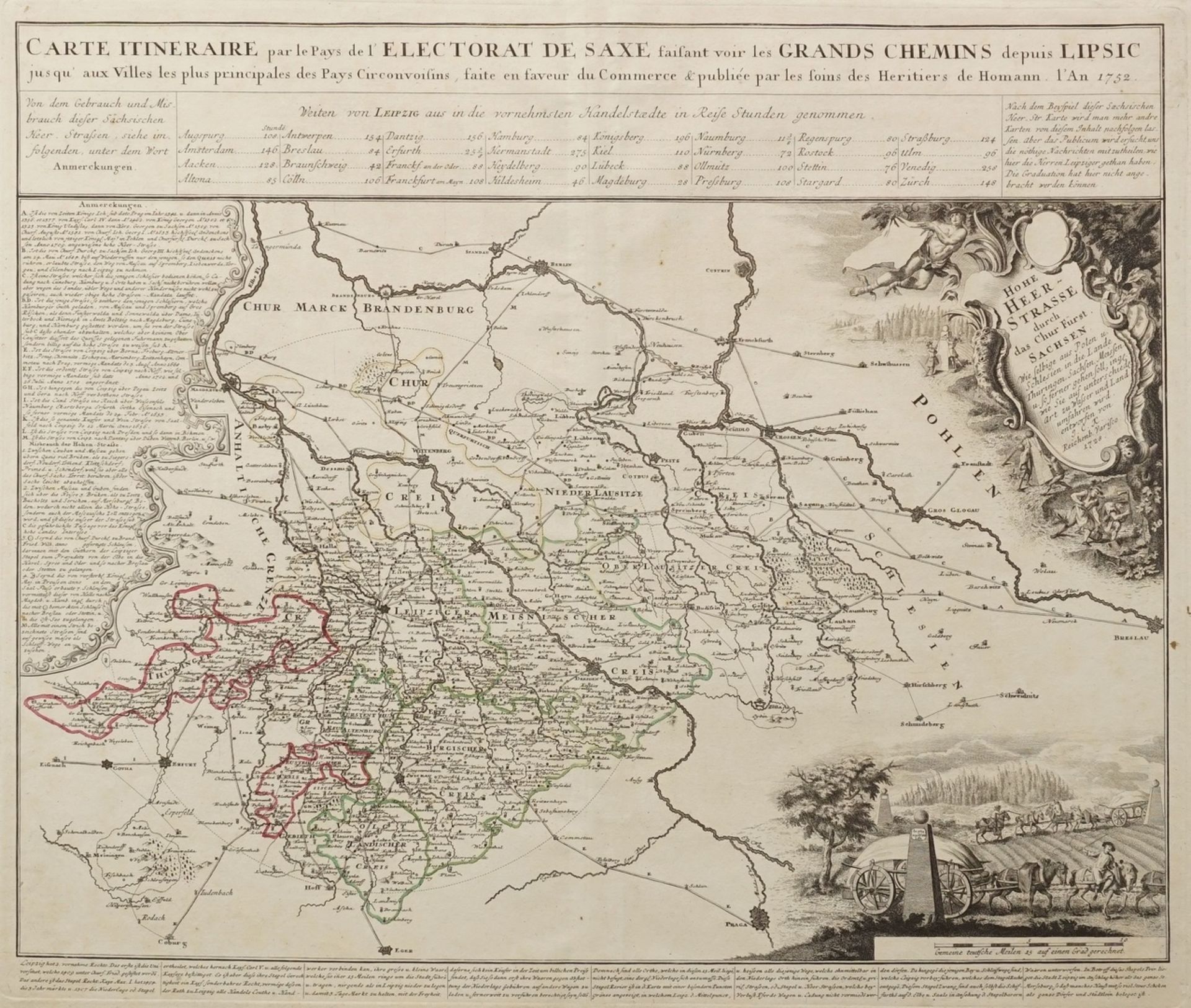 Strassenkarte Sachsenaltgrenzkolorierter Kupferstich/Büttenpapier, datiert 1752, mit den