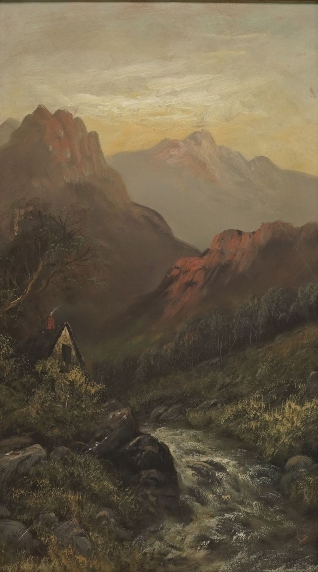 Romantiker, "Hütte in den Bergen"Öl/Malpappe, unten rechts undeutlich signiert, romantische
