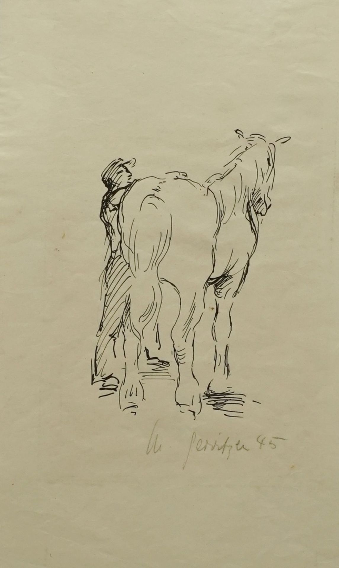 Gerritzen, "Mann mit Pferd"Federzeichnung/Papier, unten rechts im Blatt handsigniert, datiert (19)