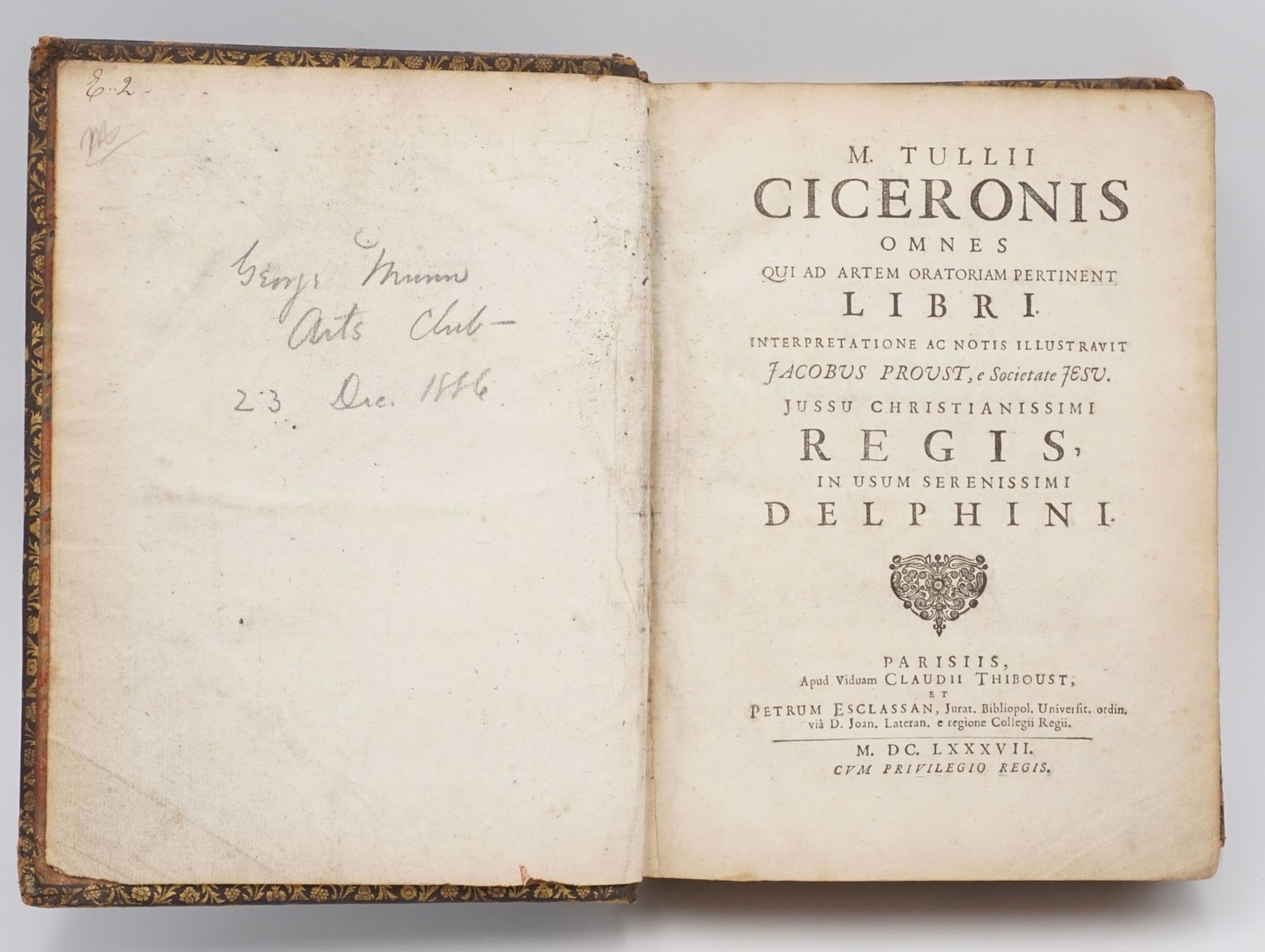 M. Tullii, "Ciceronis Librorum Oratoriorum Tomus Primus"1687, Ledereinband mit fünf Bünden, - Bild 2 aus 4