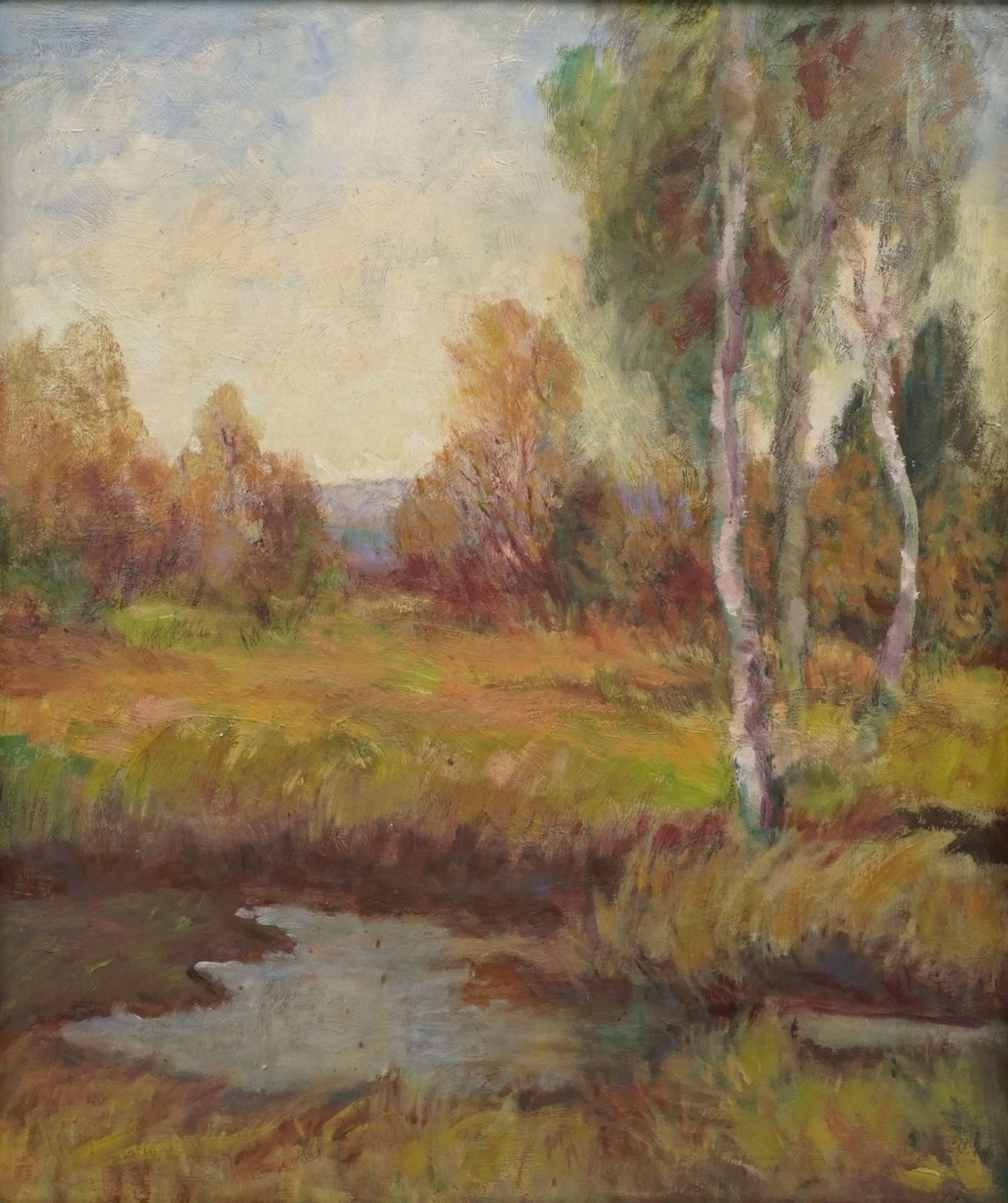 Worpsweder Künstler der ersten Generation, "Landschaft mit Moortümpel"Öl/Malpappe, um 1900,