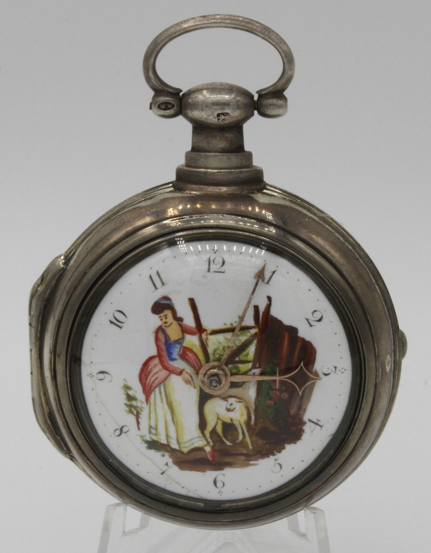 Thomas Brown Birmingham Spindeltaschenuhr mit bemalten Ziffernblatt, um 1790Silber, Uhrwerk signiert