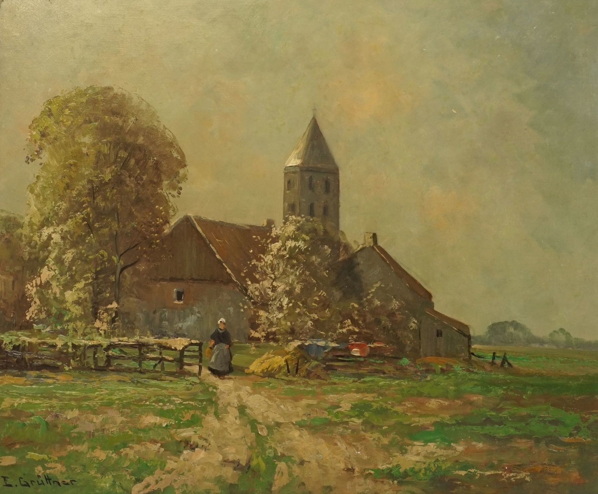 E. Grüttner, "Weiler mit Kirche"Öl/Hartfaser, unten links signiert, guter Zustand, 50 x 60 cm (HxB), - Image 2 of 4