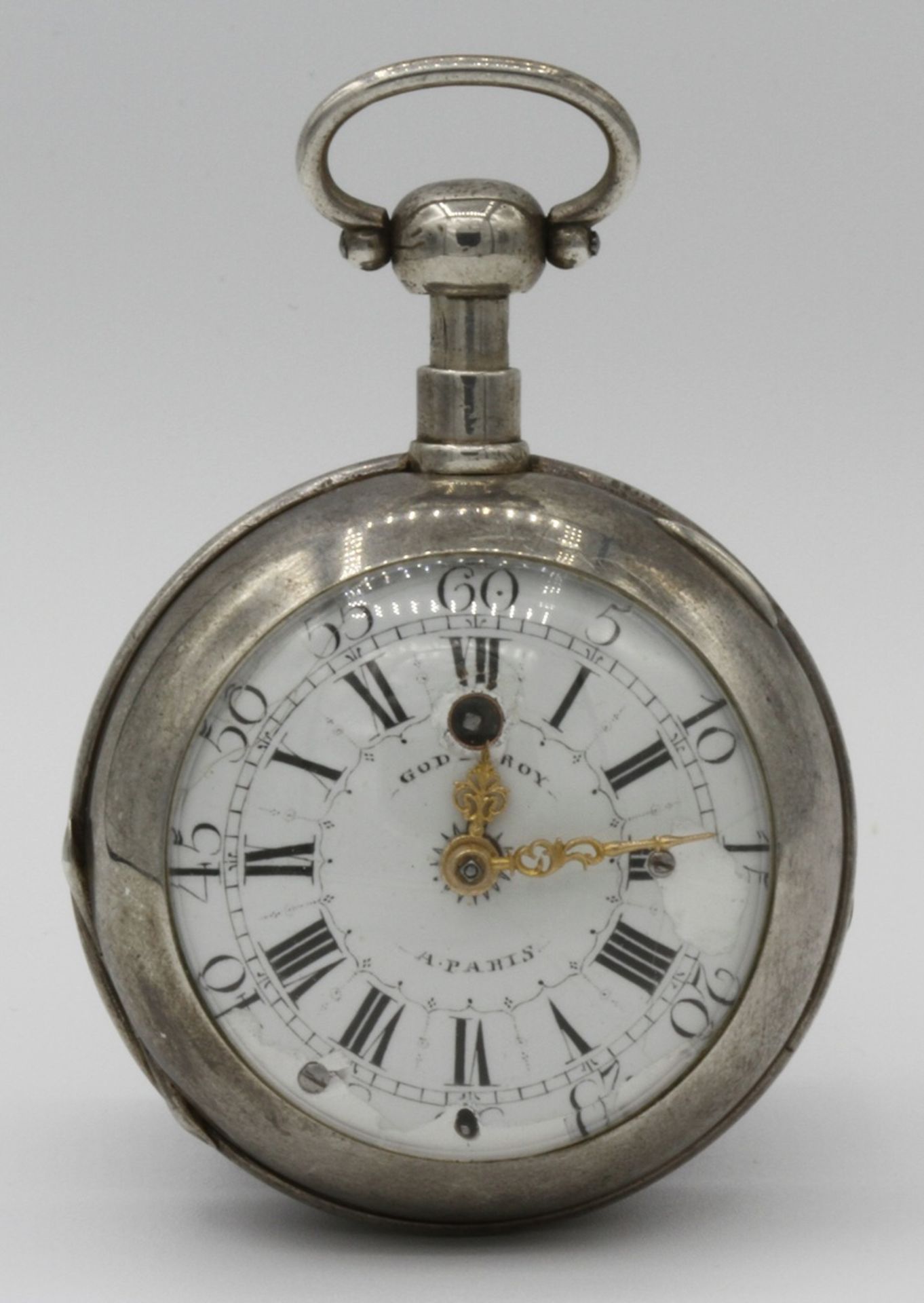 Godefroy, Paris Spindeltaschenuhr mit 1/4-Stunden-Repetition, um 1760Gehäuse Silber, Uhrwerk