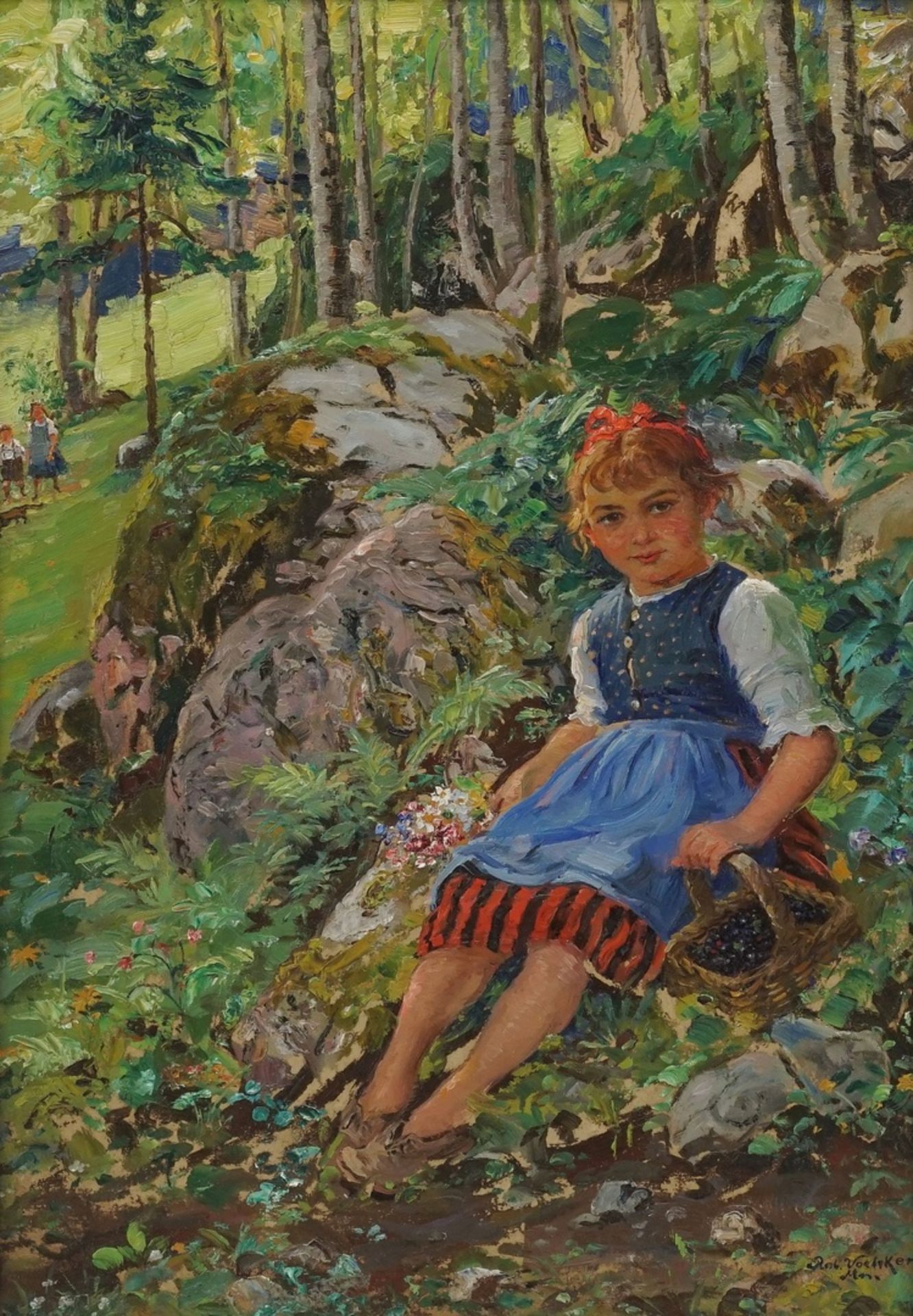 Robert Völker, "Sitzendes Mädchen am Waldesrand"(1854 Dohna - 1924 München), Öl/Malpappe, unten