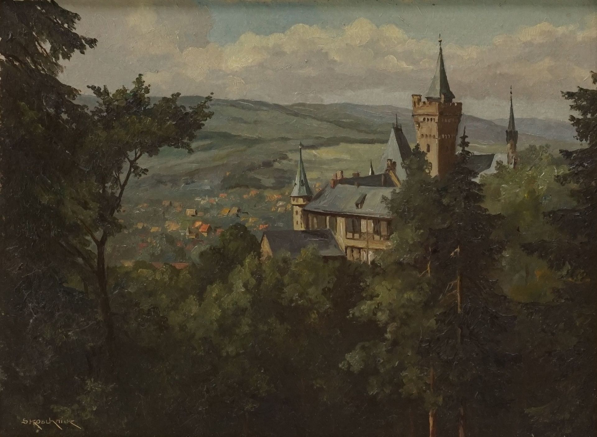 Siegfried Koschnick, "Schloss Wernigerode"(1924 Stolp/Pommern - 1997), Öl/Malpappe, unten links