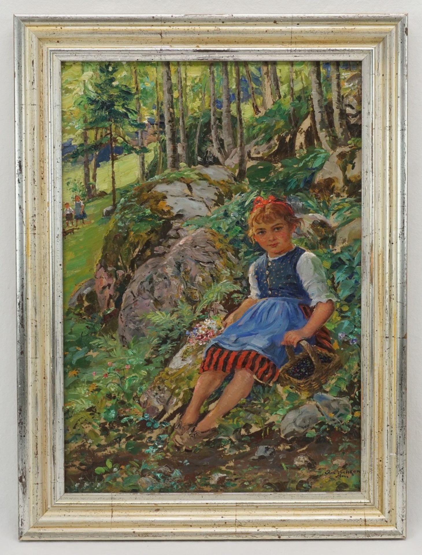 Robert Völker, "Sitzendes Mädchen am Waldesrand"(1854 Dohna - 1924 München), Öl/Malpappe, unten - Image 2 of 4