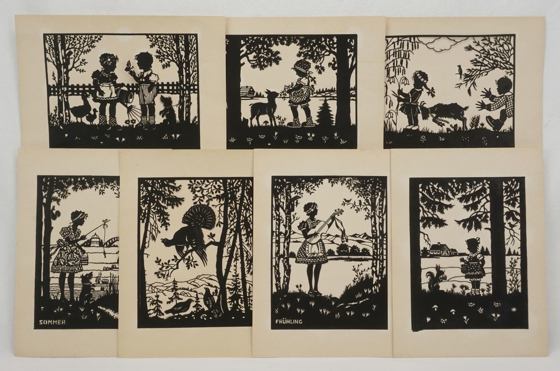 Zehn Scherenschnitte und acht Schattenrißkartenum 1930, guter Zustand 1) Scherenschnitte mit - Bild 2 aus 5