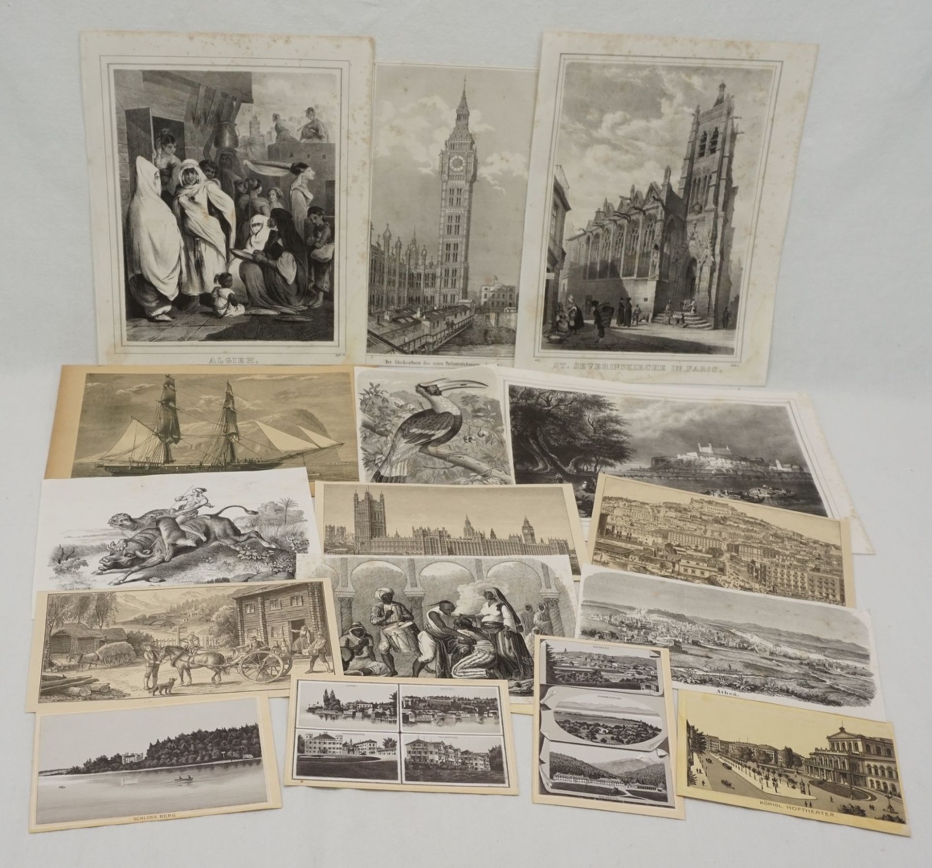 Konvolut 75 grafische Ansichtenum 1850 bis 1900, unter anderem Segelschiff, Tiere, Athen, Pressburg,
