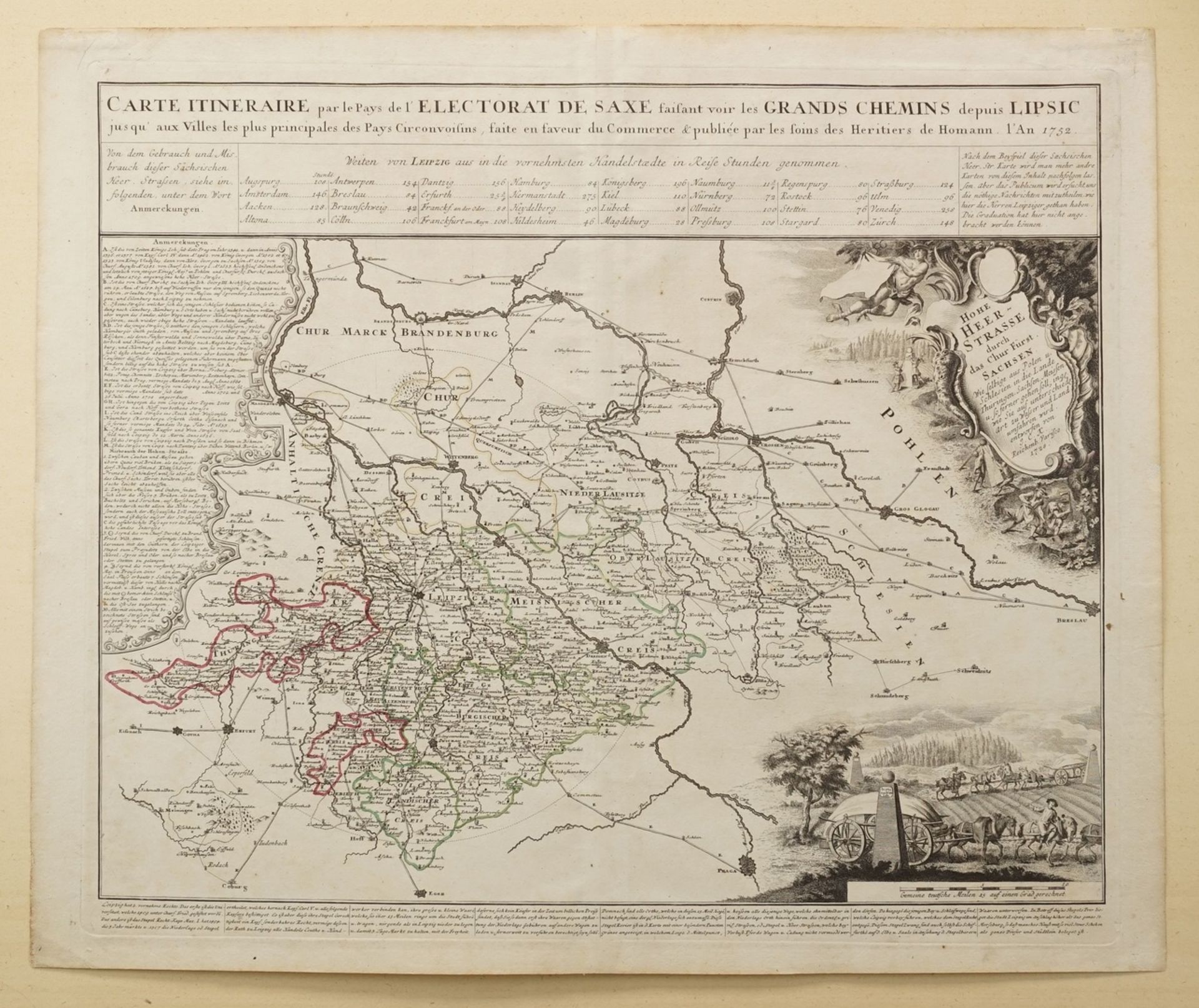 Strassenkarte Sachsenaltgrenzkolorierter Kupferstich/Büttenpapier, datiert 1752, mit den - Image 3 of 3