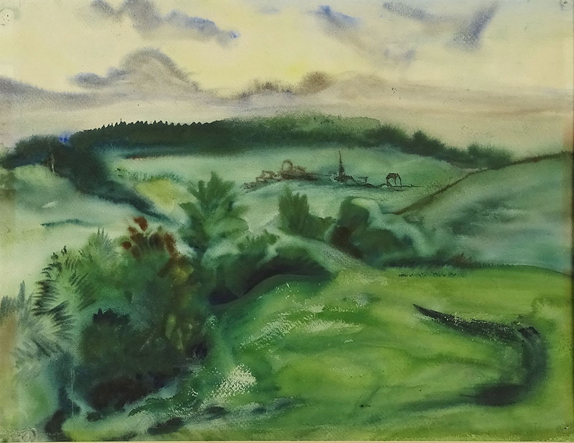 Unbekannter Maler, "Landschaft mit kleinem Dorf"Aquarell/Papier, unten rechts undeutlich signiert,