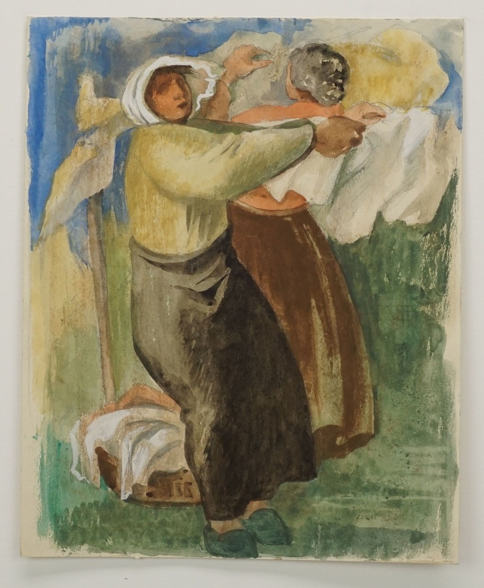 Richard Schwarzkopf, "Frauen beim Wäsche aufhängen"(1893 Bonn - 1963 Düsseldorf), Aquarell/Arches, - Image 3 of 4