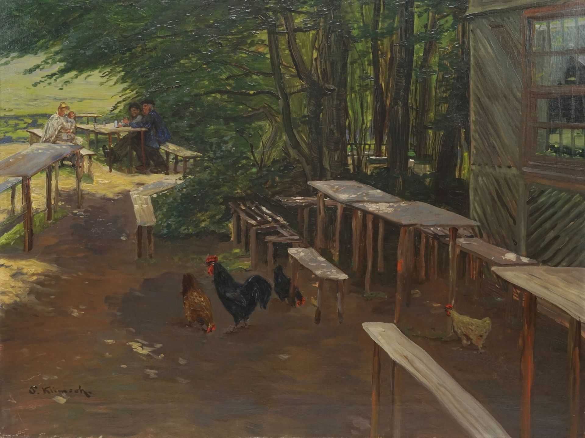 S. Klimsch, "Hühner auf dem Rastplatz"Öl/Leinwand, unten links signiert, leere Tische und Bänke,